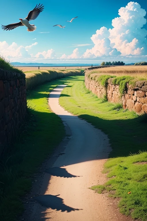 There are white clouds and birds in the sky，There is a shadow on the ground，landscape，mid day