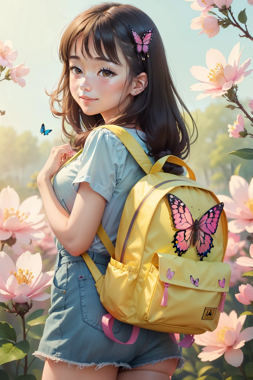 Attractive girl with a yellow backpack on her back、Surrounded by beautiful pink flowers and nature、Enjoy spring outings with cute puppies. The illustration is a high-definition illustration in 4K resolution.、A slight smil、ultra-detailliert:1.0 (Illustration, line drawing ina step piece,Features highly detailed facial features and cartoon-like visual butterfly dancing。)