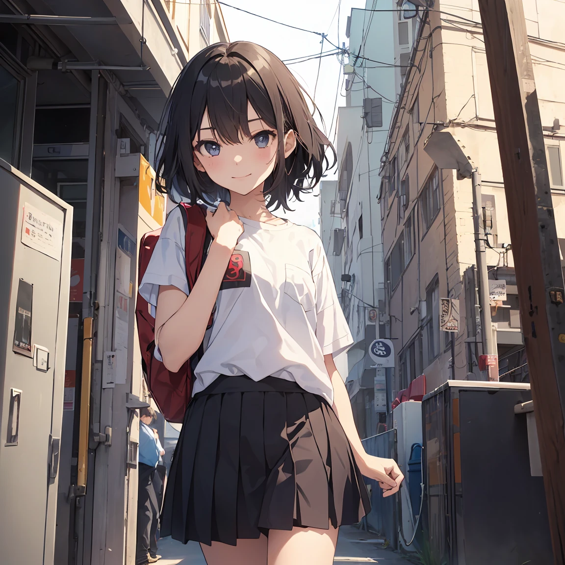 Portrait, documentary, Photo, A girl is 13years gender-neutral middle school student with short black hair and small chest, Standing with a smile and facing straight towards me, Short hair, School uniform, Skirt, Commuting to school route, High quality, Realistic, Eye-Level Shot, medium shot, Front view, Natural lighting, Commuting to school,BREAK,1girl in, (Solo,Loli face,13years:1.5),a junior high school student, Androgynous attraction, (Very Short hair), flat chest, Small butt, Beautiful detailed black eyes, ,BREAK,((of the highest quality,Anime style, Ultra-detailed,High resolution,extremely details CG,Unity 8k壁纸,by famous artist,Perfect Anatomy,Ultra-detailed細なスキン,Cinematic lighting)),
