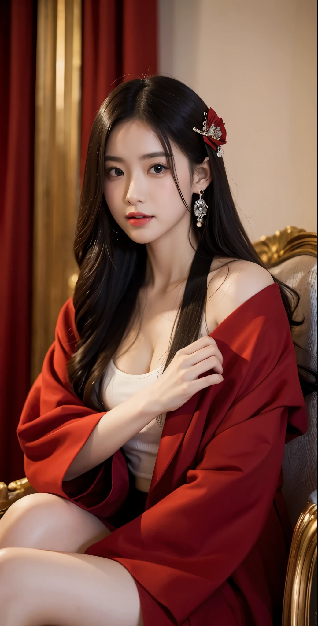close up, masterpiece, best quality, bokeh, cool, 1girl, solo, breasts, authoritative, calm, charismatic, Beautiful, 
 BREAK 
Hair, eyes,
BREAK 
 little blue crystal crown, small Earring,
BREAK
upper body, Intimidating viewer, looking at viewer, cynical smile, Castel background 
BREAK
Red queen's outfit, red coat, Sitting on the queen's throne, 
BREAK
, shinomiya kaguya, red eyes, black hair, hair ribbon,