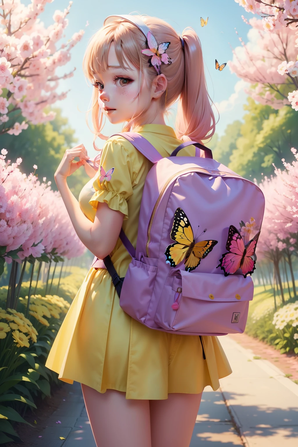 Attractive girl with a yellow backpack on her back、Surrounded by beautiful pink flowers and nature、Enjoy spring outings with cute puppies. The illustration is a high-definition illustration in 4K resolution.、A slight smil、ultra-detailliert:1.0 (Illustration, line drawing ina step piece,Features highly detailed facial features and cartoon-like visual butterfly dancing。)