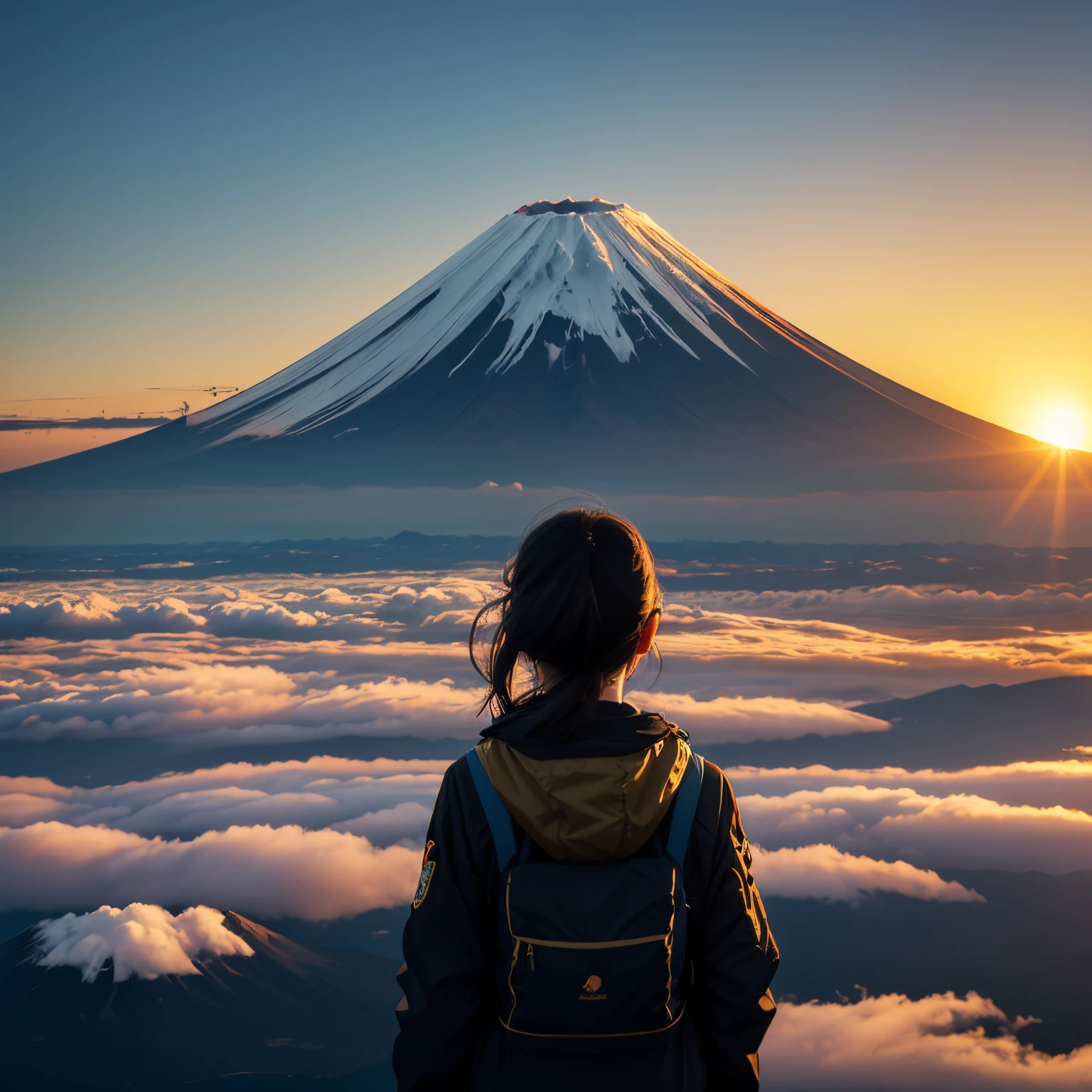 (Mt fuji,sunrises,Realistic depiction,a picture,Contre-Jour,a cloud),goodlooking,gasp,golden colors,The sun comes from near the top of the mountain,Mt fujiは1つだけ,over the girl's back,1People only,Longhaire.