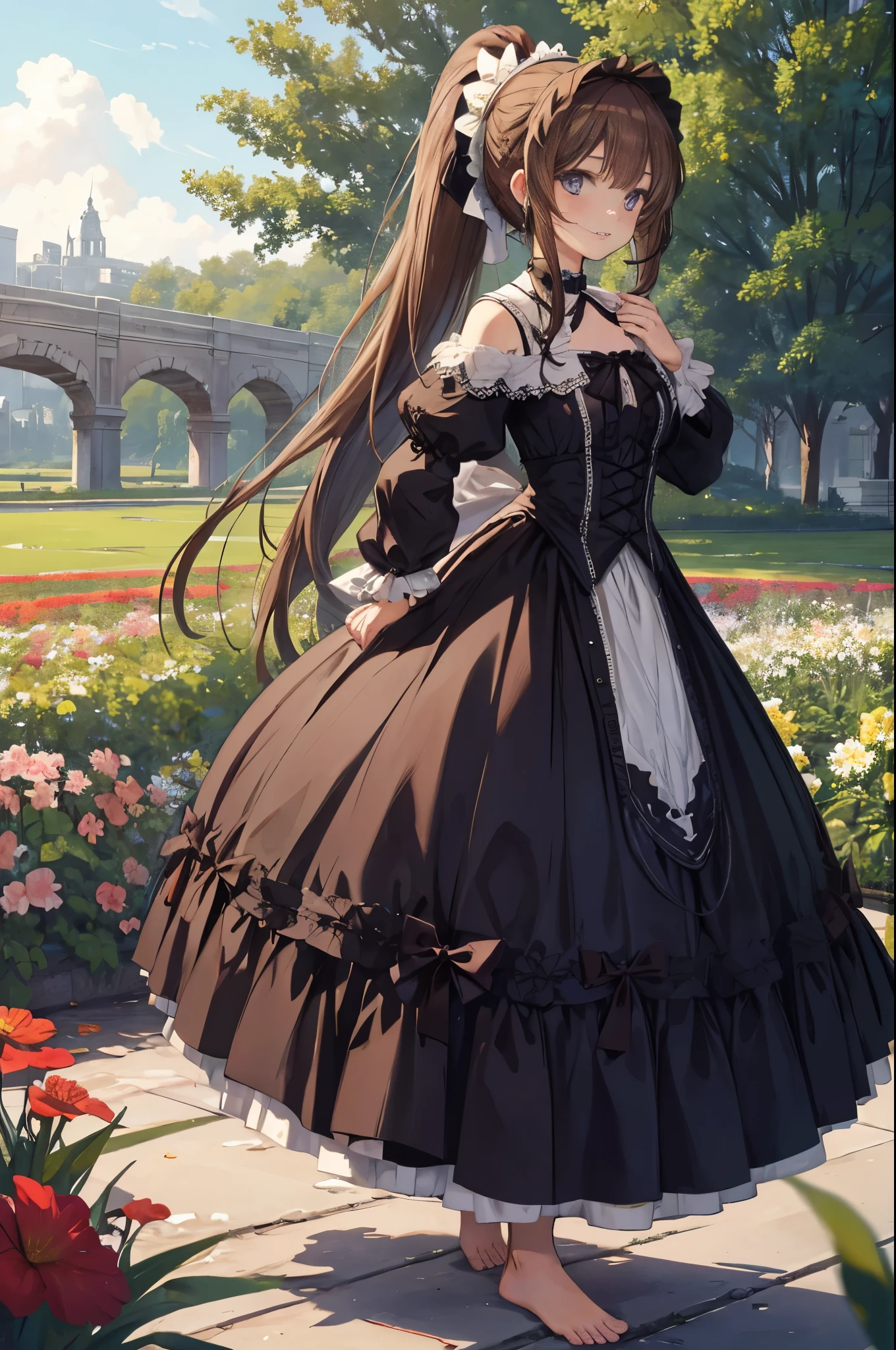 masterpiece, best quality, day, flower field, realistic, real, huge_filesize, girl, long hair, brown hair, ponytail, beautiful detailed eyes, mole under eye, light smile, gothic_ta, barefoot, hands_on_hips, looking down, walking,