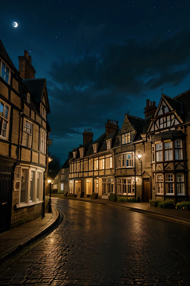 British castle night front view,,British town street buildings at night