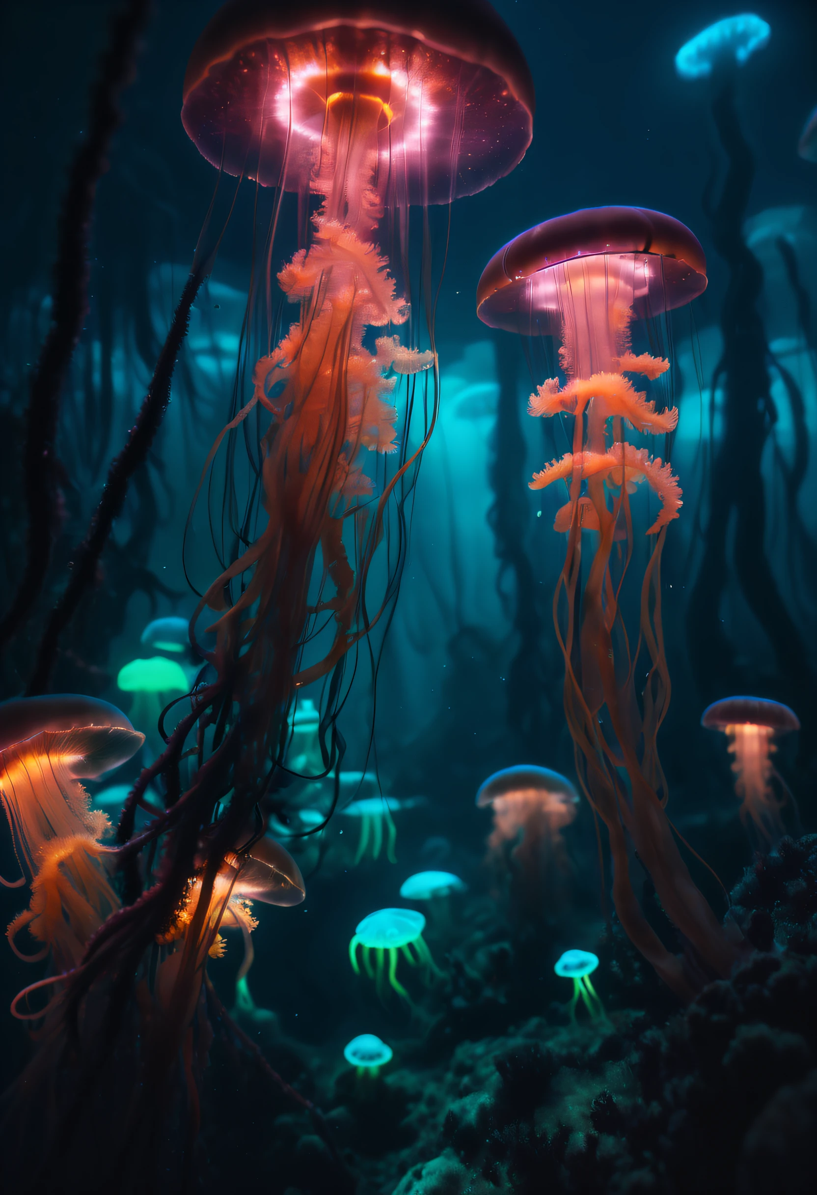 (Bio-luminescence:1.2) underwater forest, in a panoramic view, (jellyfish:0.6), liquids, Glolow seaweed, (cyber punk perssonage:0.4), (filmgrain:1.4), (Psychedelic:1.15), (a warm color palette:1.2), (rim-light:0.8)