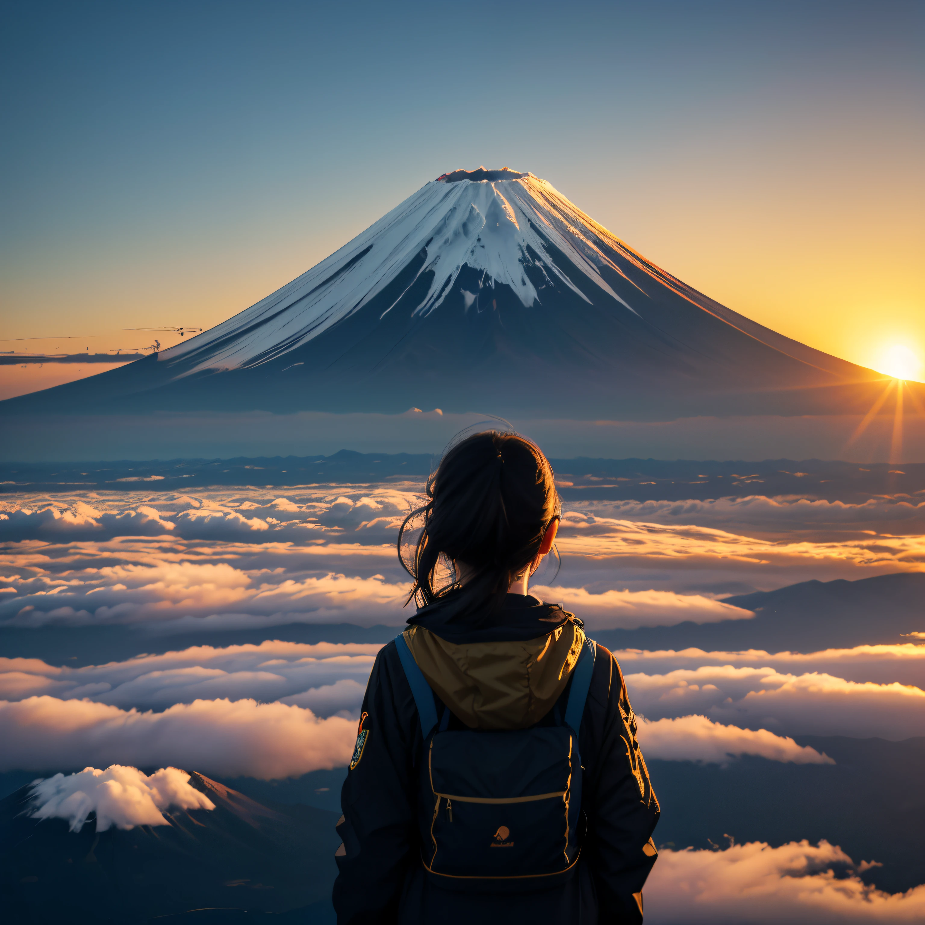 (Mt fuji,sunrises,Realistic depiction,a picture,back lighting,云),goodlooking,gasp,golden colors,the sun comes from near the top of the mountain,Mt fujiは1つだけ,on top of the girl'Back of,1People only,Longhaire.