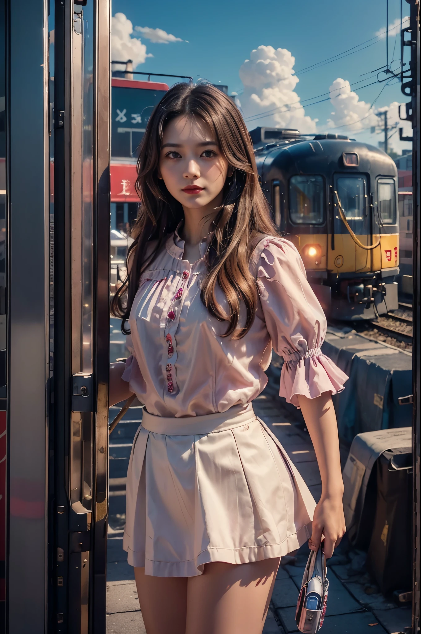 magenta tint、vibrant with colors、((tmasterpiece)))、(((quality)))、((ultra - detailed))、(Surreal)、(Very detailed CG illustration)、offcial art、CD cover、It will be、midsummer、The glorious 1980s、1 Sister,ssmile、cochetti gorgeous、incomparable beauty、long whitr hair,short blouse,Superskirt、perfect angle、Perfectcomposition、corner store,(evening,trains station,trains,Cloud),