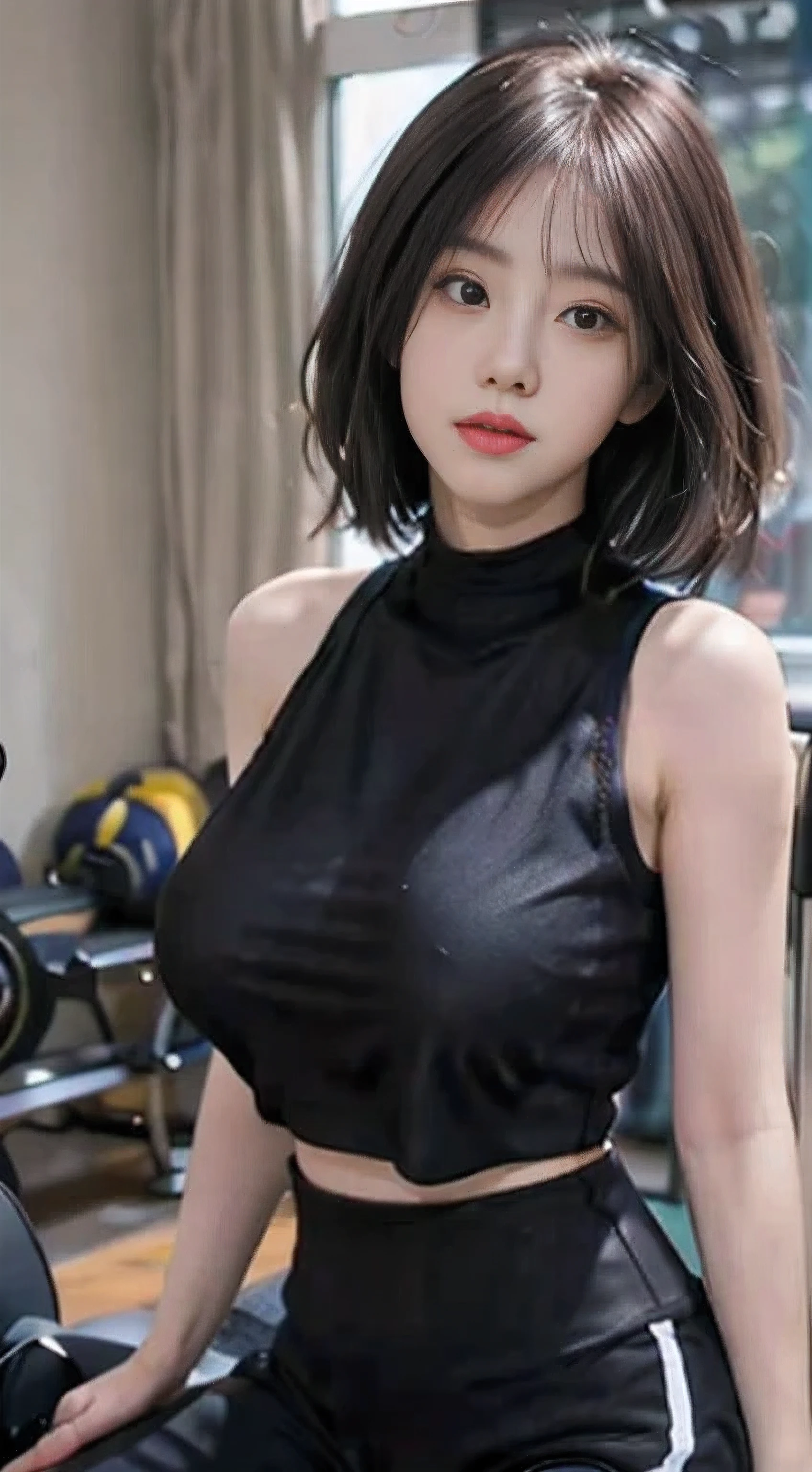 A Chinese woman in gym equipment, fluffy hair, delicate face, bright, real girl, large aperture, wearing tight yoga pants, tight trousers, wearing a nine-point yoga vest, round neck vest, macro shooting, slightly fat, plump, sexy, looking at you, good-looking eyes, very plump, very big breasts,