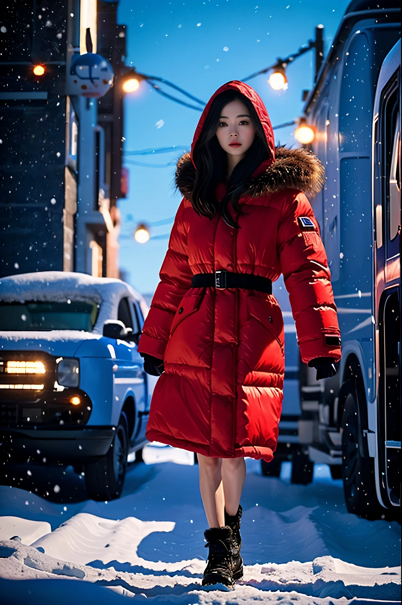 1个Giant Breast Girl,28 year old,(beuaty girl),fur-trimmed hooded jacket,Red down jacket,hands and feet,blue long hair,trains,orbiting, snow field, the sunset,(Hyper Real), (tmasterpiece),((ultra - detailed)), (Highly meticulous),(Least expressive quality:1.2), High quality texture, Complicated details, Detailed texture, Highqualityshadow, 电影灯光, depth of fields, light source contrast,8K,winning artwork,