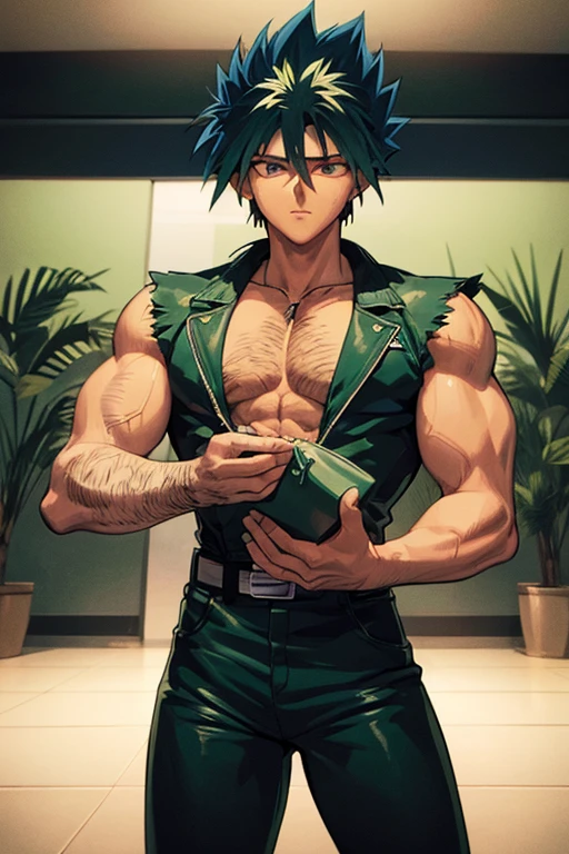 Highly detailed, (masterpiece), best quality, expressive eyes, perfect face, 1man, Long messy spiky wavy green raising hair, Cloud_Strife Green hair, green eyes, Bulky Body Builder Masculine body, Green leather Jacket & Jeans