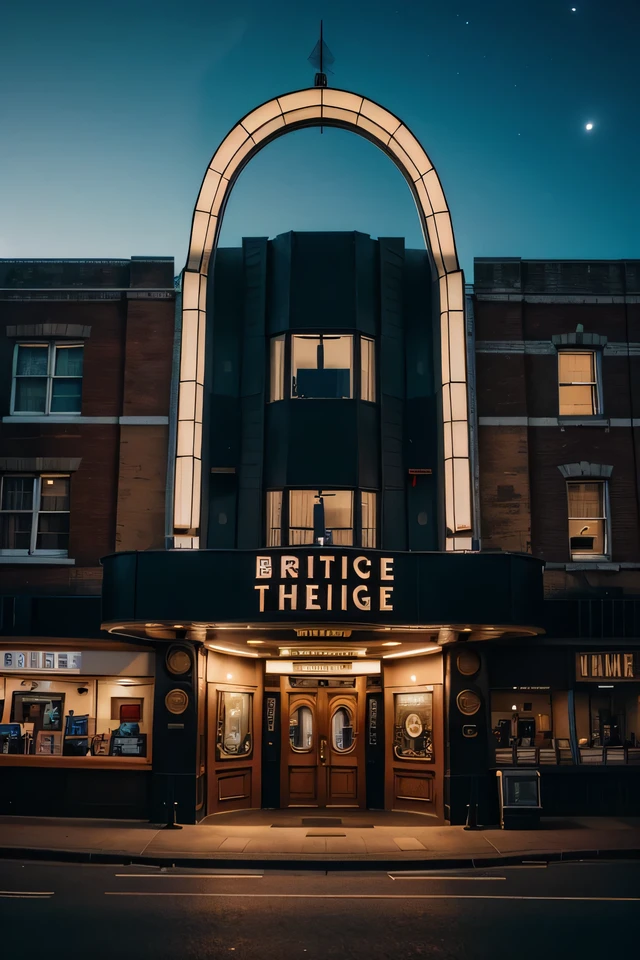 British retro theater building night view front,streetview