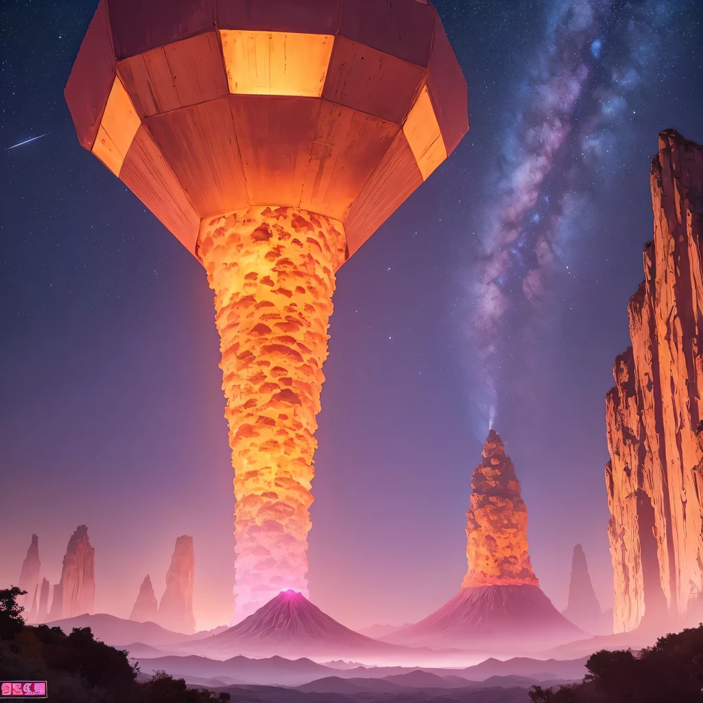 Light orange style,Purple pink series,Alien Hexagonal Base (Nipples are very delicate) In a hexagonal mountain oasis,There are several hexagonal exhaust fans and chimneys, some neon lights project from the base,Light up the night), There are some clouds in the night sky, Some surrounding planets provide air to unknown planets,The most remote giant hexagonal volcano erupts,the rainforest