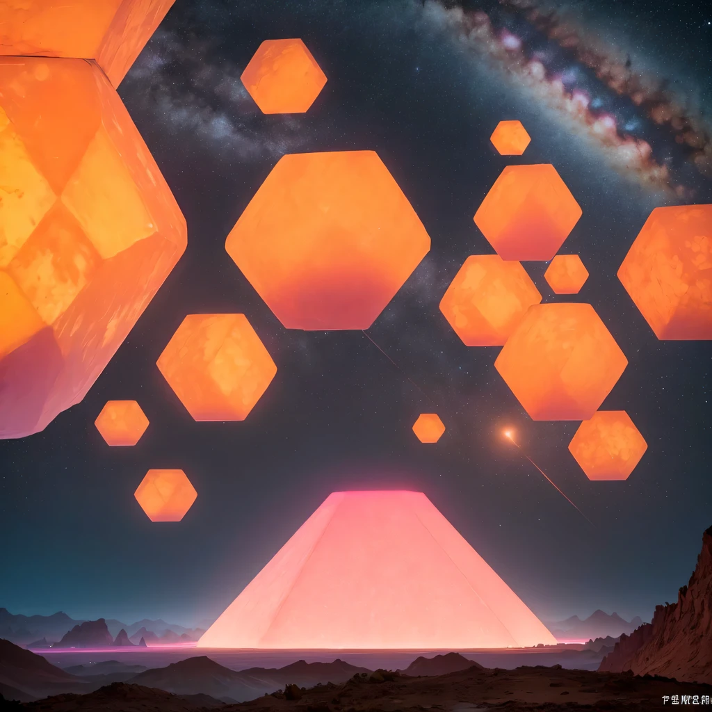 Light orange style,Purple pink series,Alien Hexagonal Base (Nipples are very delicate) In a hexagonal mountain oasis,There are several hexagonal exhaust fans and chimneys, some neon lights project from the base,Light up the night), There are some clouds in the night sky, Some surrounding planets provide air to unknown planets,The most remote giant hexagonal volcano erupts,the rainforest