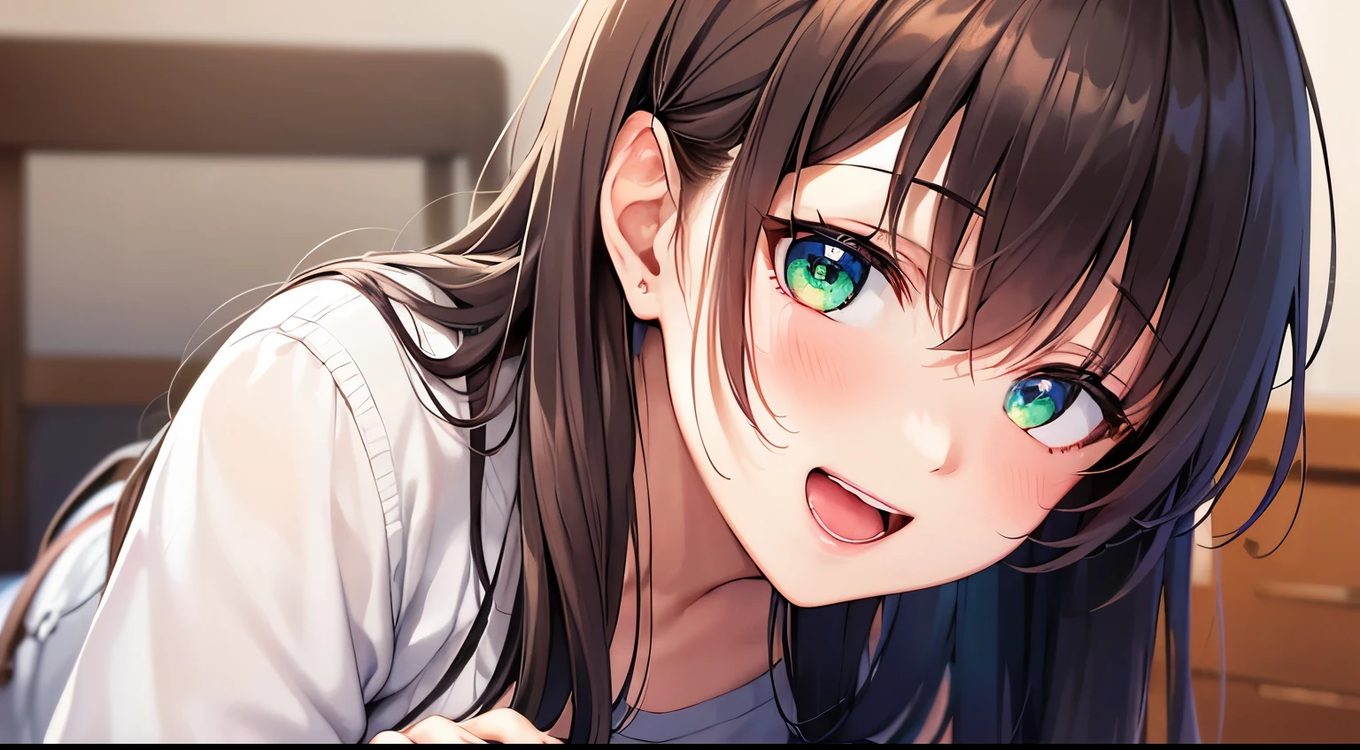 Placing hand on chest, high angle, Staring、masterpiece、top-quality、 A 40-year-old green-eyed woman with wavy lobed brown bangs.、wearing a white long-sleeved T-shirt、 blush, smile, open mouth, The background is a room、Bold composition、Alone、
