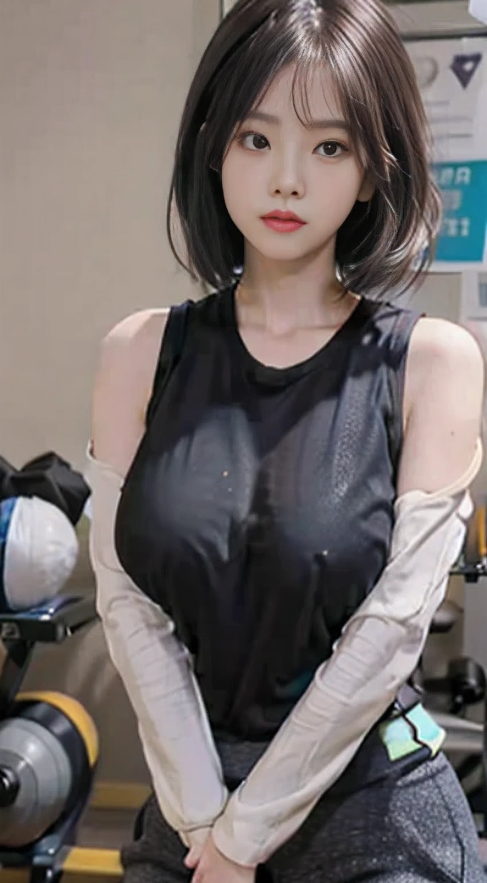 A Chinese woman in gym equipment, fluffy hair, delicate face, bright, real girl, large aperture, wearing tight yoga pants, tight trousers, wearing a nine-point yoga vest, round neck vest, macro shooting, slightly fat, plump, sexy, looking at you, good-looking eyes, very plump, very big breasts,