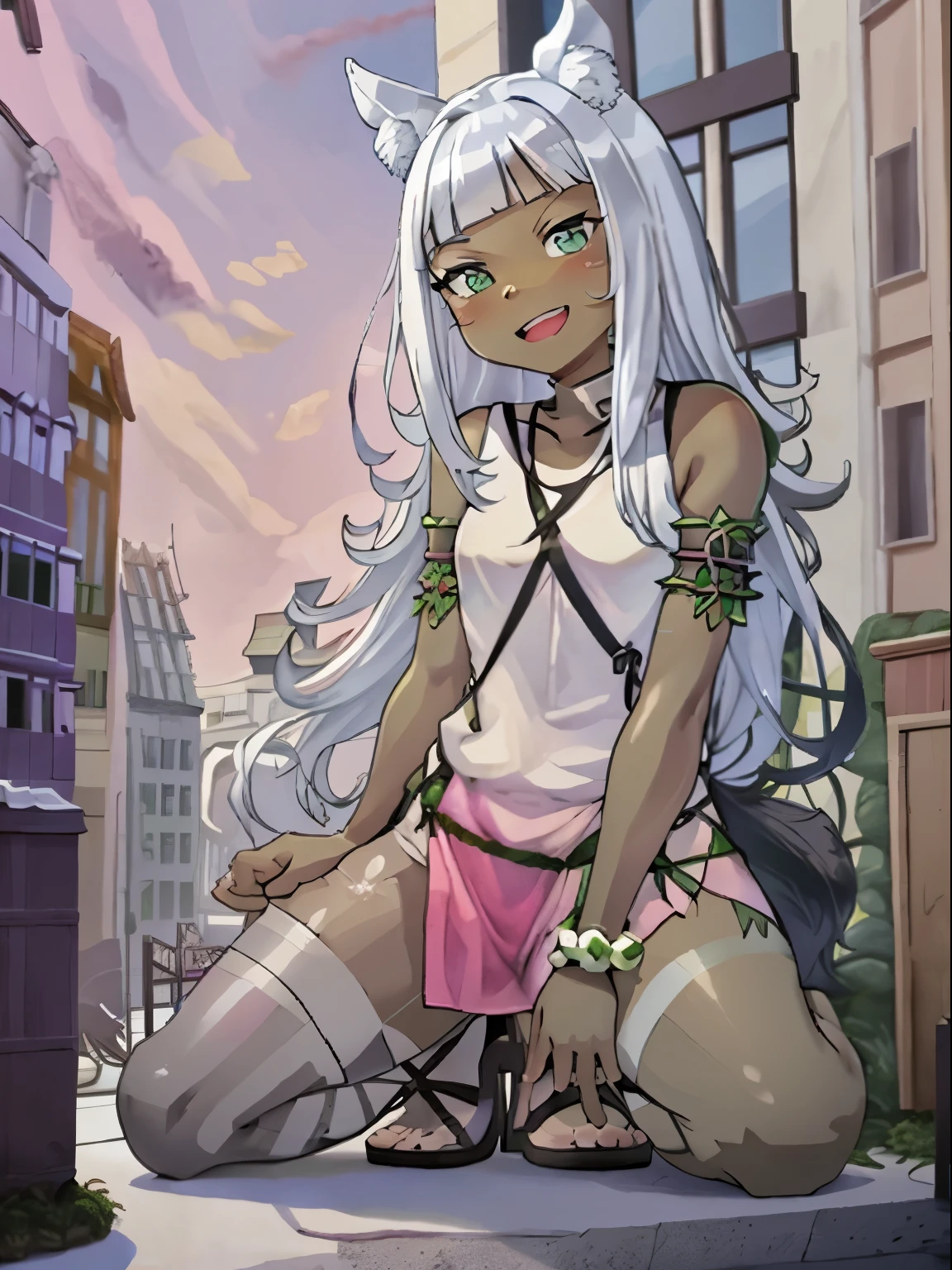 Ochette, girl, dark skin, white hair, green eyes, giantess, huge, small viewer, 70 ft tall, cute, full body, best quality, pink dress, metal bracelets, larger than buildings, flat ground, street, ground visible, black shorts, wearing shorts, adorable, kind, gentle, empty hands, small build, slim, smiling, detailed mouth, size difference, kneeling over skyscrapers, sandals, tiny city, socks, loose clothes, perfect proportions, blushing, wolf tail