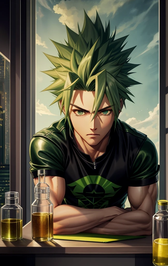 Highly detailed, (masterpiece), best quality, expressive eyes, perfect face, 1man, Long messy spiky wavy green raising hair, Cloud_Strife Green hair, green eyes, Bulky Body Builder Masculine body, Green leather Jacket & Jeans