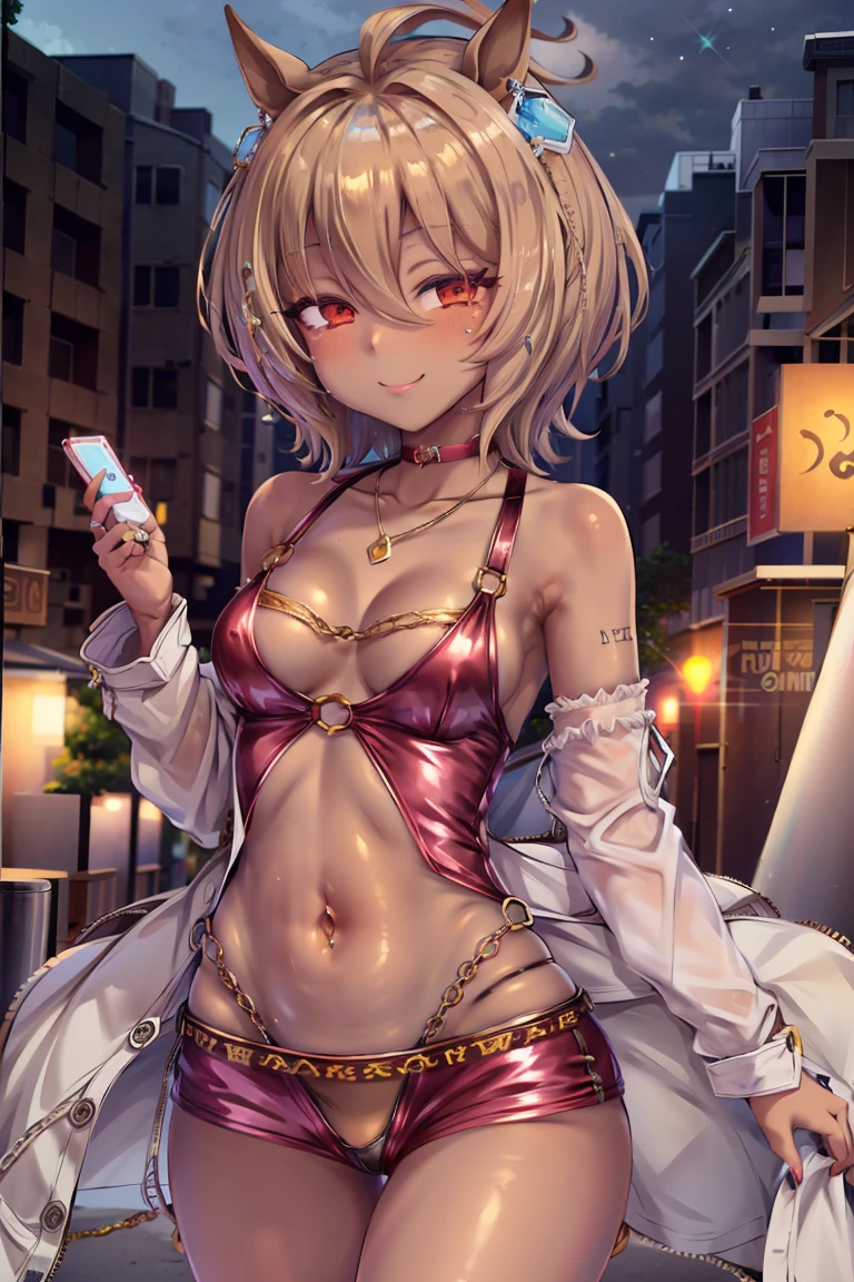 masterpiece, highres, best quality, absurdres, official, (bodycon), microdress, 1girl, solo, ((blonde hair:1.2)), (agnes tachyon \(umamusume\)), red eyes, (hair over eyes), hair between eyes, skindentation, extremely wrinkled shiny clothes reflecting light, latex, skin fit, arms behind back, gleaming skin, waist cutout, bare shoulders, necklace, detached sleeves, chain (belt), (used condom), handbang, accessories, choker, short shorts, navel, glamorous perfect female proportion, captivating smile, blush, venue, (dark skin, dark-skinned female),