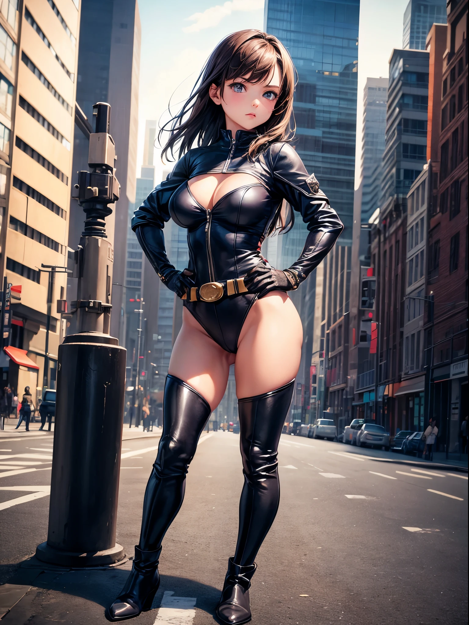1girl, medium breasts, leotard, bare legs, tight belt, boots, gloves, city backdrop, solo, single, hands on hip, standing, full body shot, cowboy shot, superhero, beautiful detailed eyes, power, mature lady