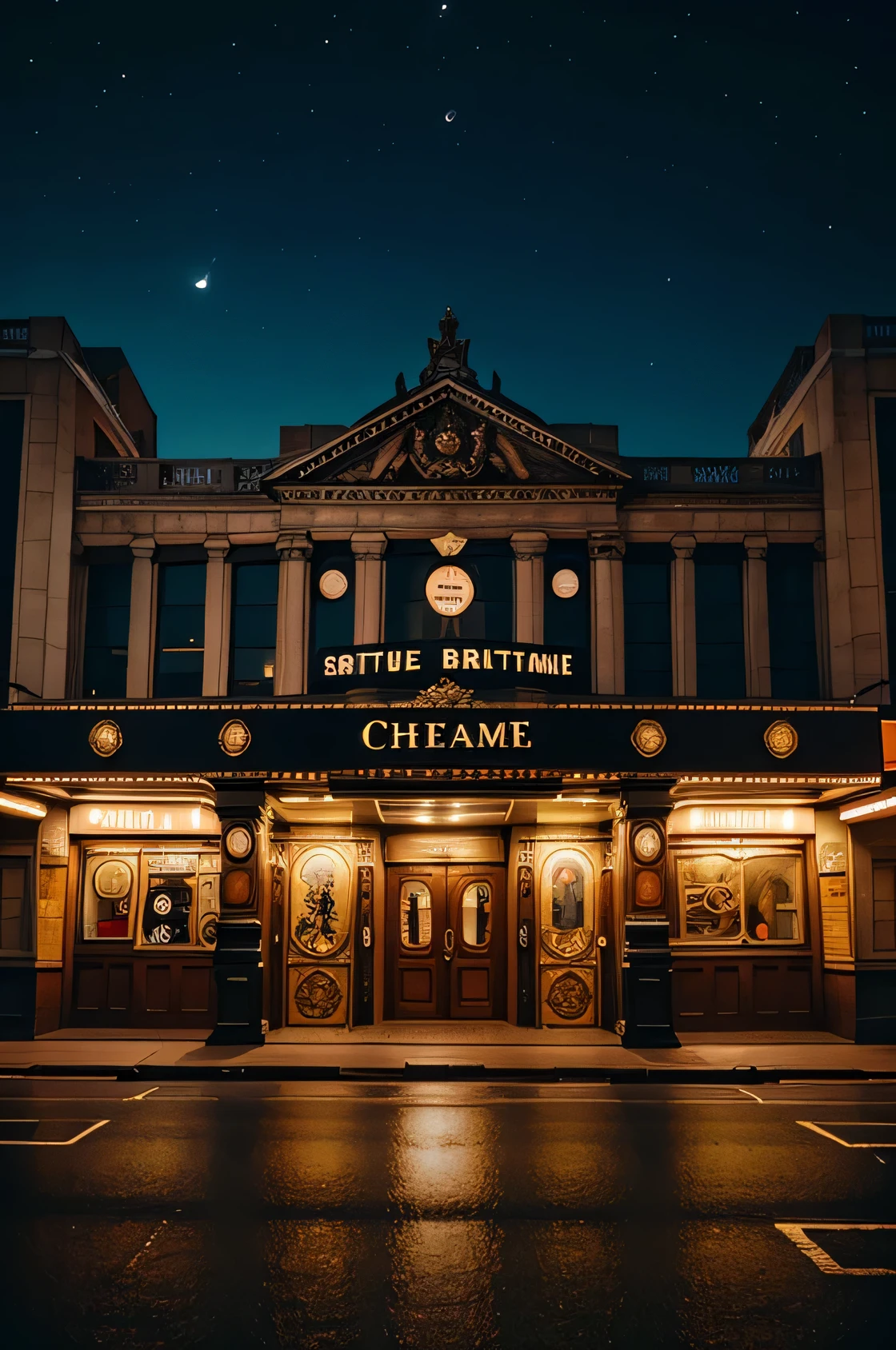 British retro ornate theater building night view front，streetview