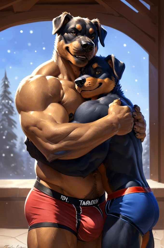 (father:1.4), (son:1.5)(duo, size difference, father and son:1.9) muscular anthro rottweiler, (presenting embrace for the viewer:1.9). 4k, high resolution, best quality, posted on e621, solo, anthro body, anthro rottweiler, black and tan body,older male, male, masculine, (very muscular, thick build, pectorals:1.2), correct anatomy, (living background, christmas, evening), (by wfa:1.0), (by Taran Fiddler, by negger:1.0), black nipples,(father wears boxer briefs, crotch bulge:1.3), (son wears jockstrap, crotch bulge:1.4), (detailed eyes), sexy, smile, shiny muscles, strong shadows, confident, seductive, flirting, half-body shot, photorealistic fur