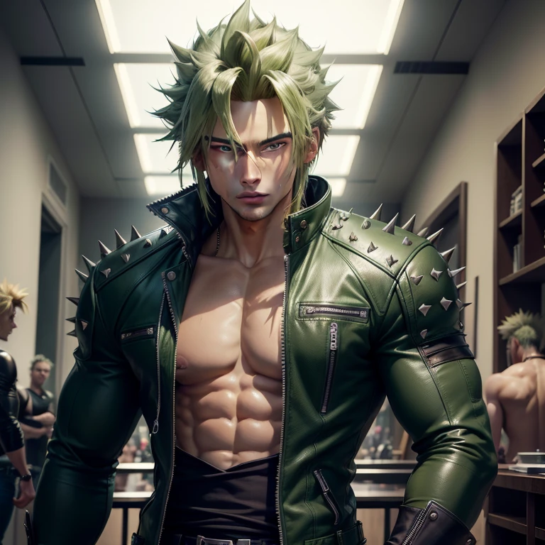 Highly detailed, (masterpiece), best quality, expressive eyes, perfect face, 1man, spiky hair, raising wavy hair, Super saiyan Green hair, green eyes, Bulky Body Builder Masculine body, Green leather Jacket & Jeans, back view