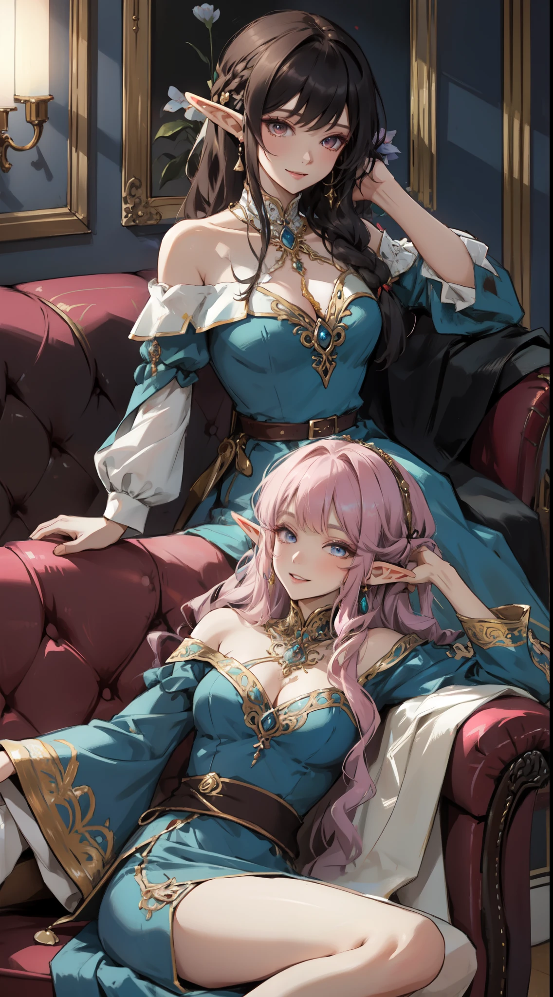 3girl, (elf), one Mature elf female sitting with his two sister, two Young elf women mature, bathing, hand on her own chest,, hand in own hair, tying hair, Adjust hair, BREAK, High heels, (Elegant Blue Dress:1.1), Ornate Clothes, Ornate Dreslue Off-Shoulder Dress:1.1), Bare Shoulders, Skindentation, (Blue Dress:1.1), (White Puffy Sleeves, Long Sleeves, Juliet Sleeves:1.1), Long Sexy Dress, cleavage, covered , art styles by Artgerm, by Kawacy, By Wadim kashin, BREAK, eyelashes, eyeshadow, pink eyeshadow, BREAK, (cozy sofa:1.2), (warm blanket:1.3), (relaxing:1.1), (loving:1.25), (Happy expression:1.2)