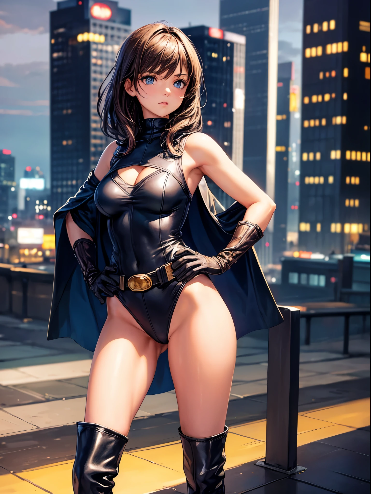 1girl, medium breasts, leotard, bare legs, tight belt, boots, gloves, city backdrop, solo, single, hands on hip, standing, full body shot, cowboy shot, superhero, beautiful detailed eyes, mature lady