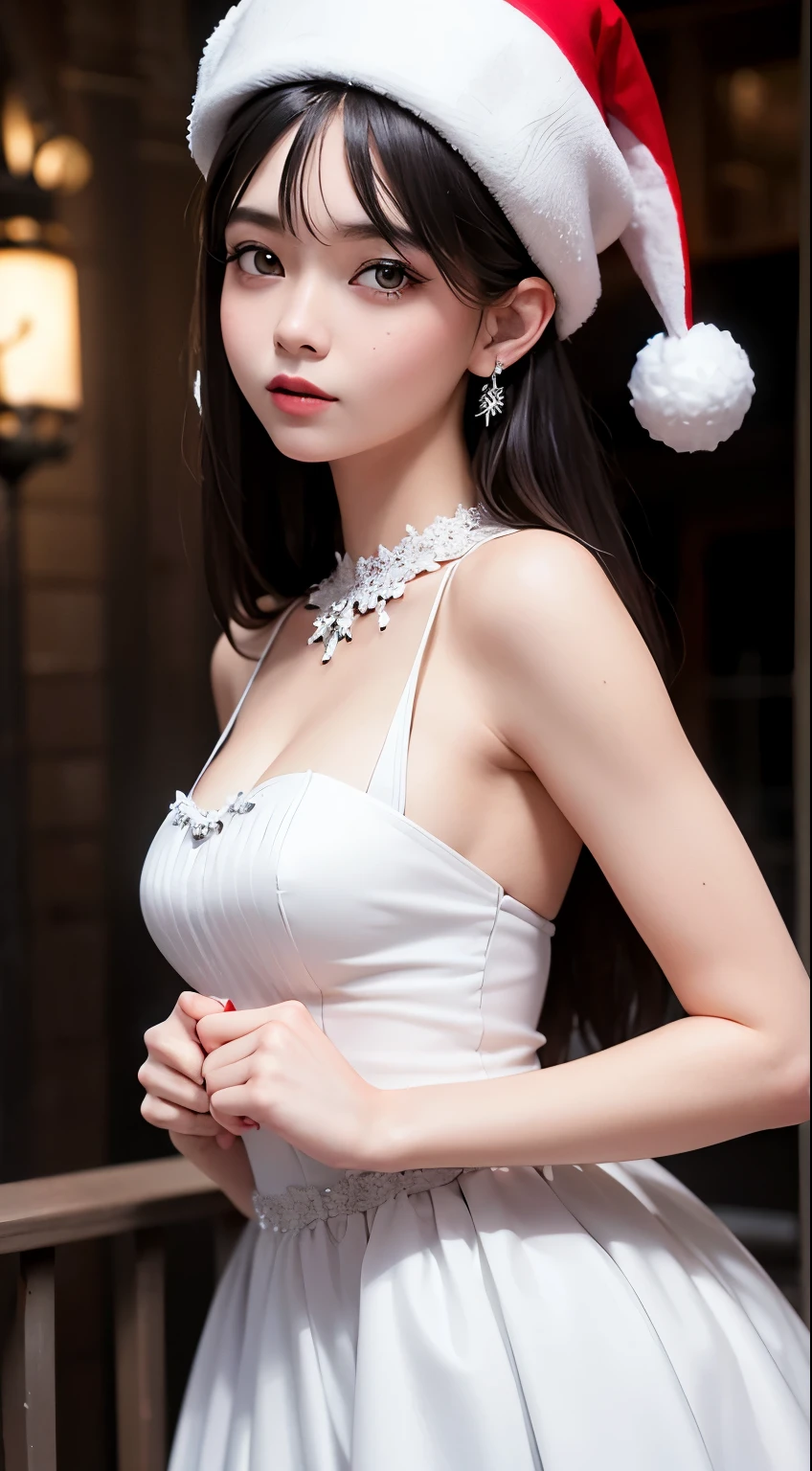 Christmas theme, black eyes, beautiful girl, white dress with senta cap