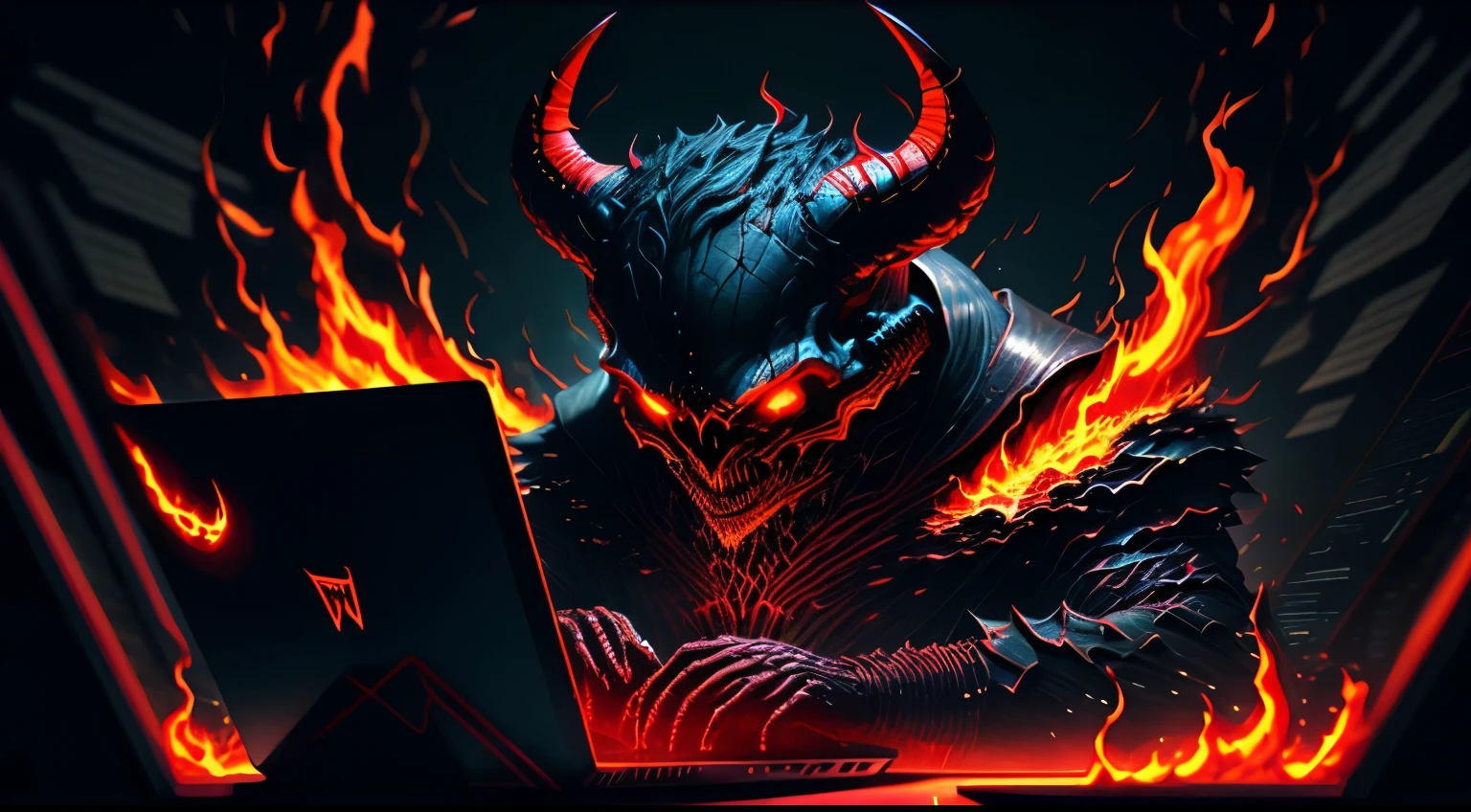 a devil editing a video on computer, cinematic , darkness , out of control , abstract, outside world , burning to hell,