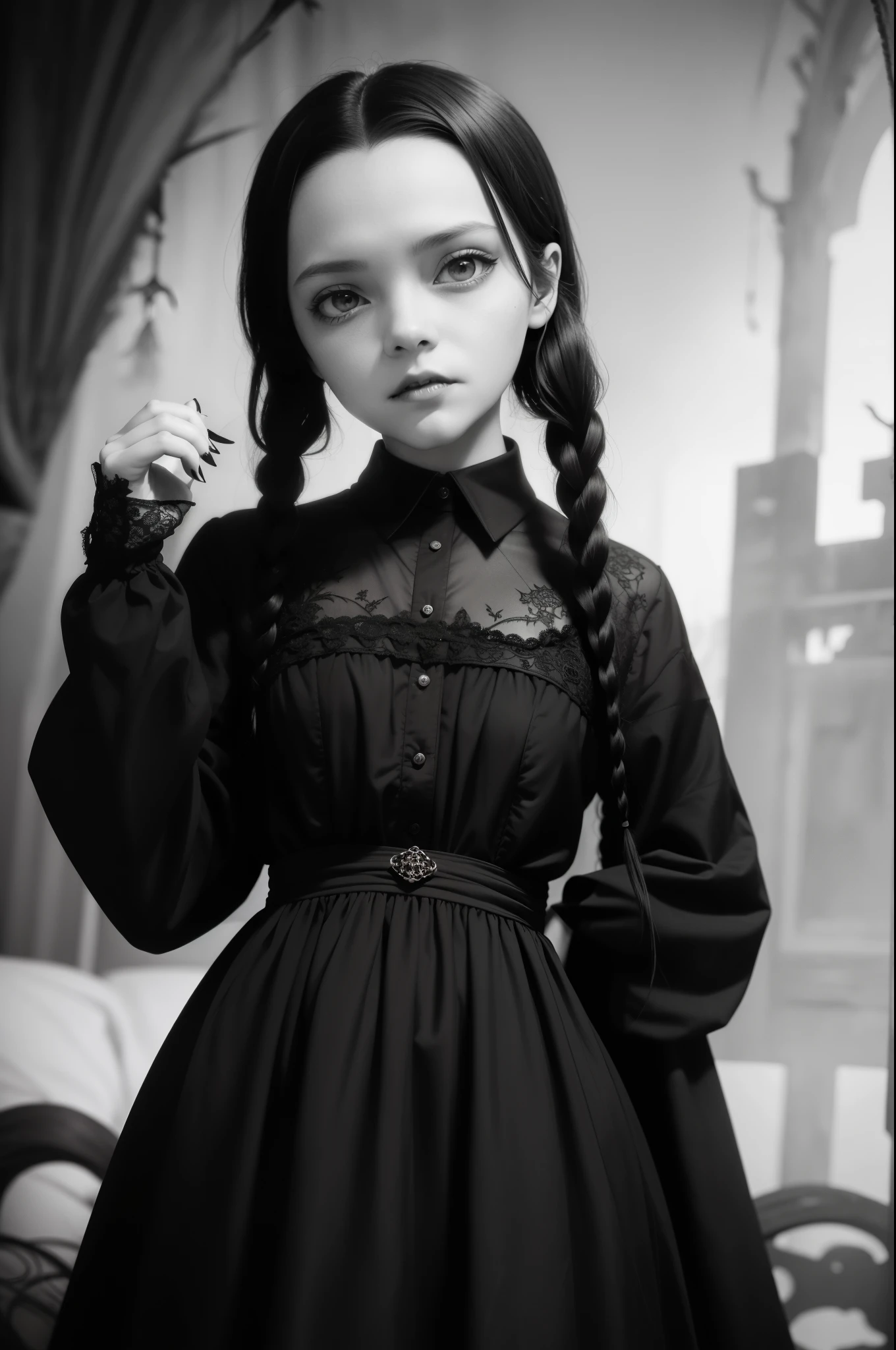 To create a noble and elegant girl who just woke up from a deep sleep, vampires should be depicted as elegant and powerful creatures. (Wednesday Addams),They have long years, two braids, and angular features. Their skin should be pale and flawless, with With a touch of otherworldly subtlety. Vampires' eyes should be deep and seductive, with a predatory gleam that hints at their insatiable thirst for blood, and they should wear clothes that are both modern and timeless, with styles that allude to the long history of human life when they awaken from their slumber. At the time, the vampire should appear calmly confident, exuding an air of danger and intrigue, the background should be shrouded in shadow, with just a sliver of moonlight cutting through the darkness, and the vampire should be content and slightly disturbed by their hunger, depending on their latest victim. , as if they were aware of the danger they posed to those around them, Gothic Art Style, Hyperrealistic Realism, Psychedelic Surrealist Art, Surrealistic Psychedelic Design, Dream Art Style, Hallucinatory Psychedelic Art, Quality Quantity , Skin Texture, Intricate Detail, (Film Lighting), RAW Photo, 8K,