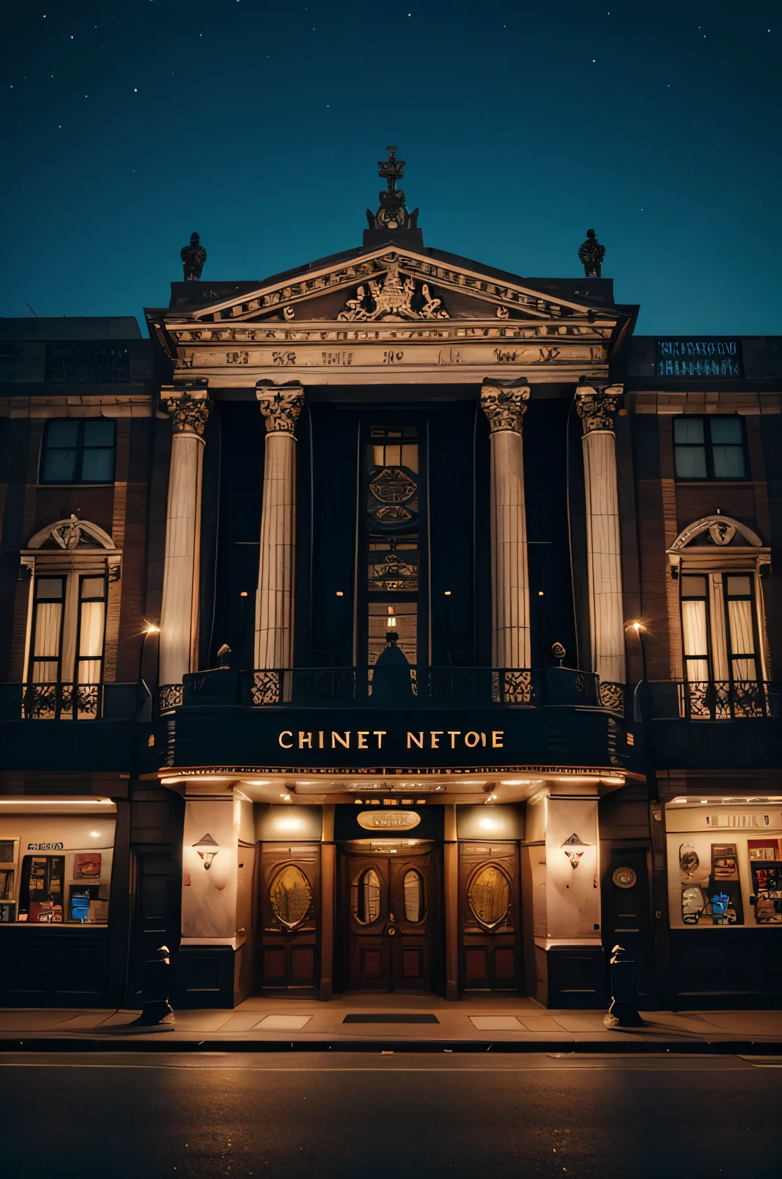 British retro ornate theater building night view front,streetview