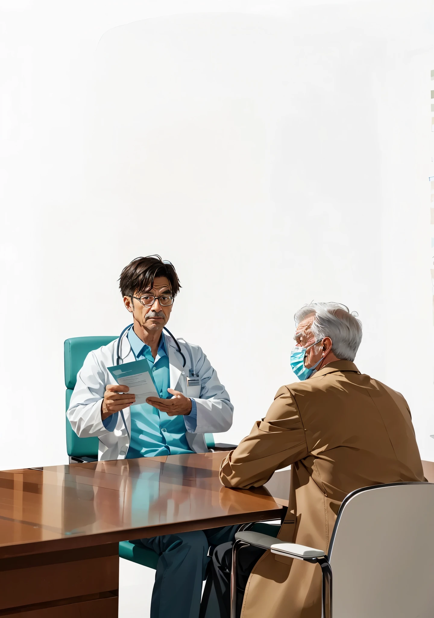 There is a doctor in a white coat sitting, in hand,Doctor sitting with leaflet in hand,Across the table sits an older male patient...........,Doctor and patient sitting face to face