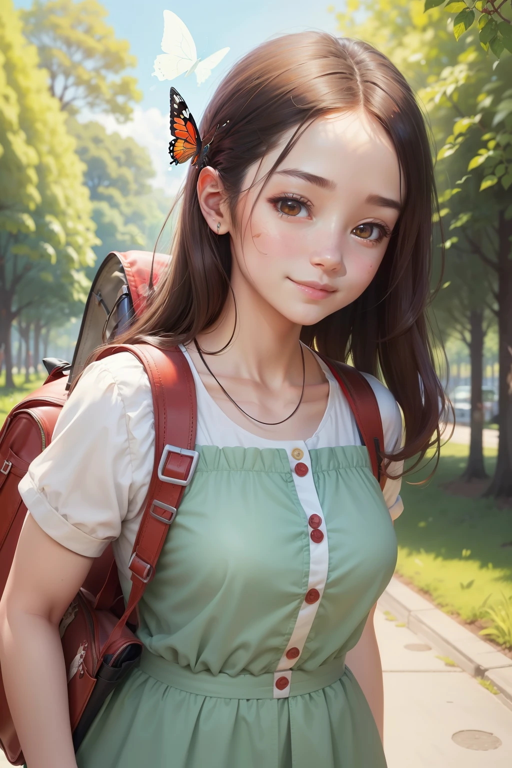 Attractive girl carrying a red backpack、Surrounded by beautiful greenery and nature、Enjoy spring outings with cute puppies. The illustration is a high-definition illustration in 4K resolution.、A slight smil、ultra-detailliert:1.0 (Illustration, step piece line drawing,Features highly detailed facial features and cartoon-like visual butterfly dancing。)