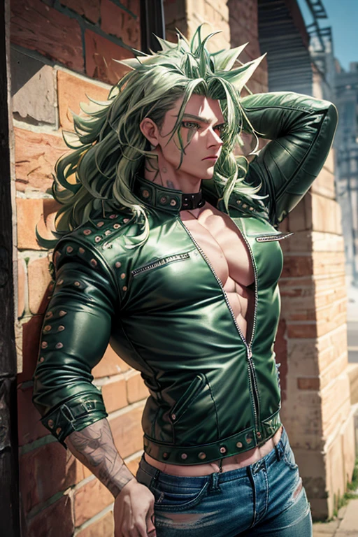 Highly detailed, (masterpiece), best quality, expressive eyes, perfect face, 1man, Long messy spiky wavy green raising hair, Green hair, green eyes, Bulky Body Builder Masculine body, Green leather Jacket & Jeans