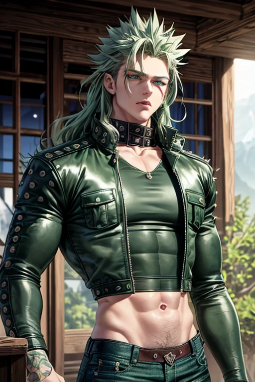 Highly detailed, (masterpiece), best quality, expressive eyes, perfect face, 1man, Long messy spiky wavy green raising hair, Green hair, green eyes, Bulky Body Builder Masculine body, Green leather Jacket & Jeans