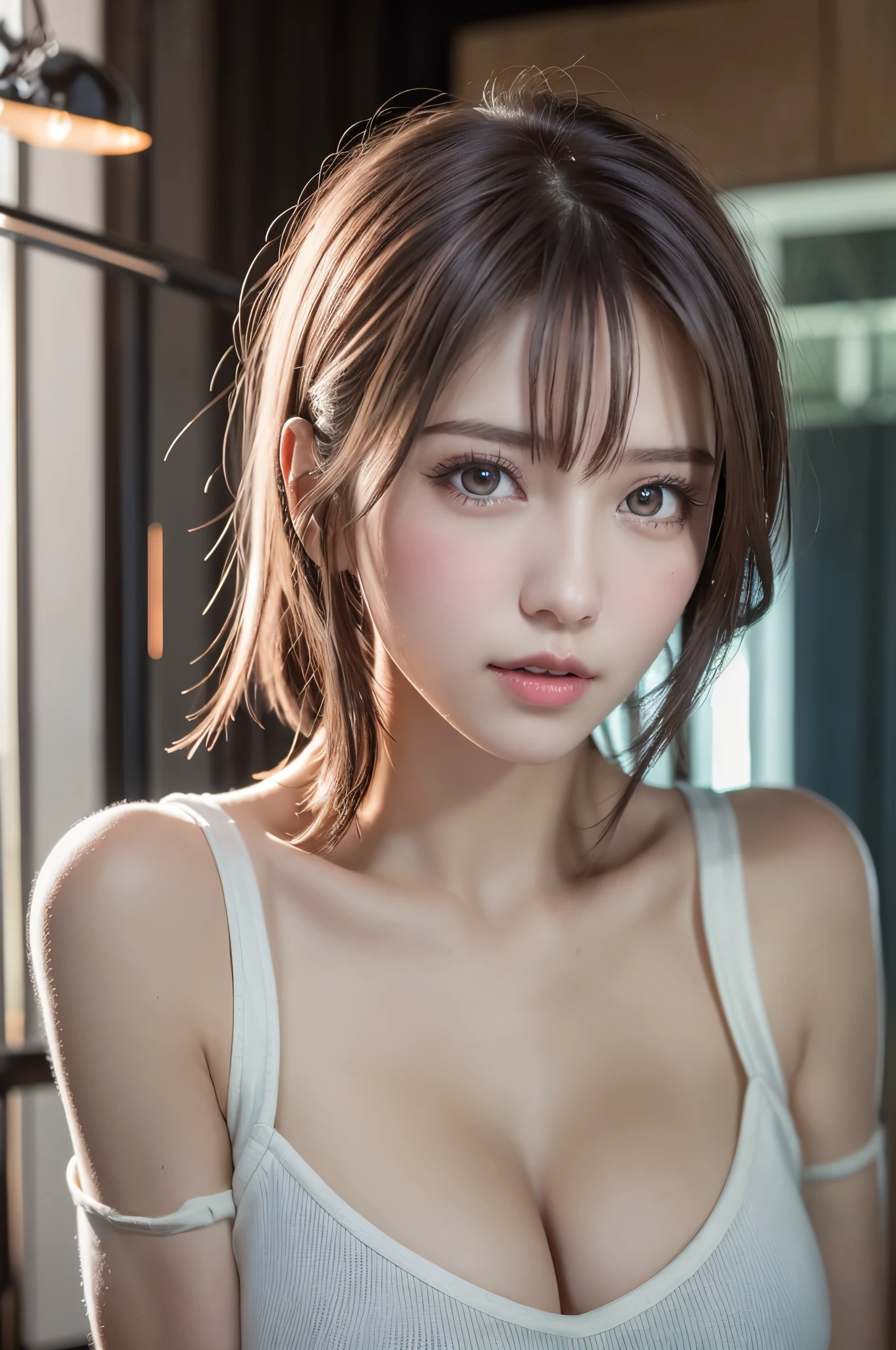 (8K, Photorealistic, Raw photo, of the highest quality: 1.3), (1girl in), Super beautiful, (Realistic face), (boyish, Silver Color Berry Shorthair), Beautiful , Glare that captivates the viewer, Beautiful expression, Beautiful breasts, (Realistic skin), Be...