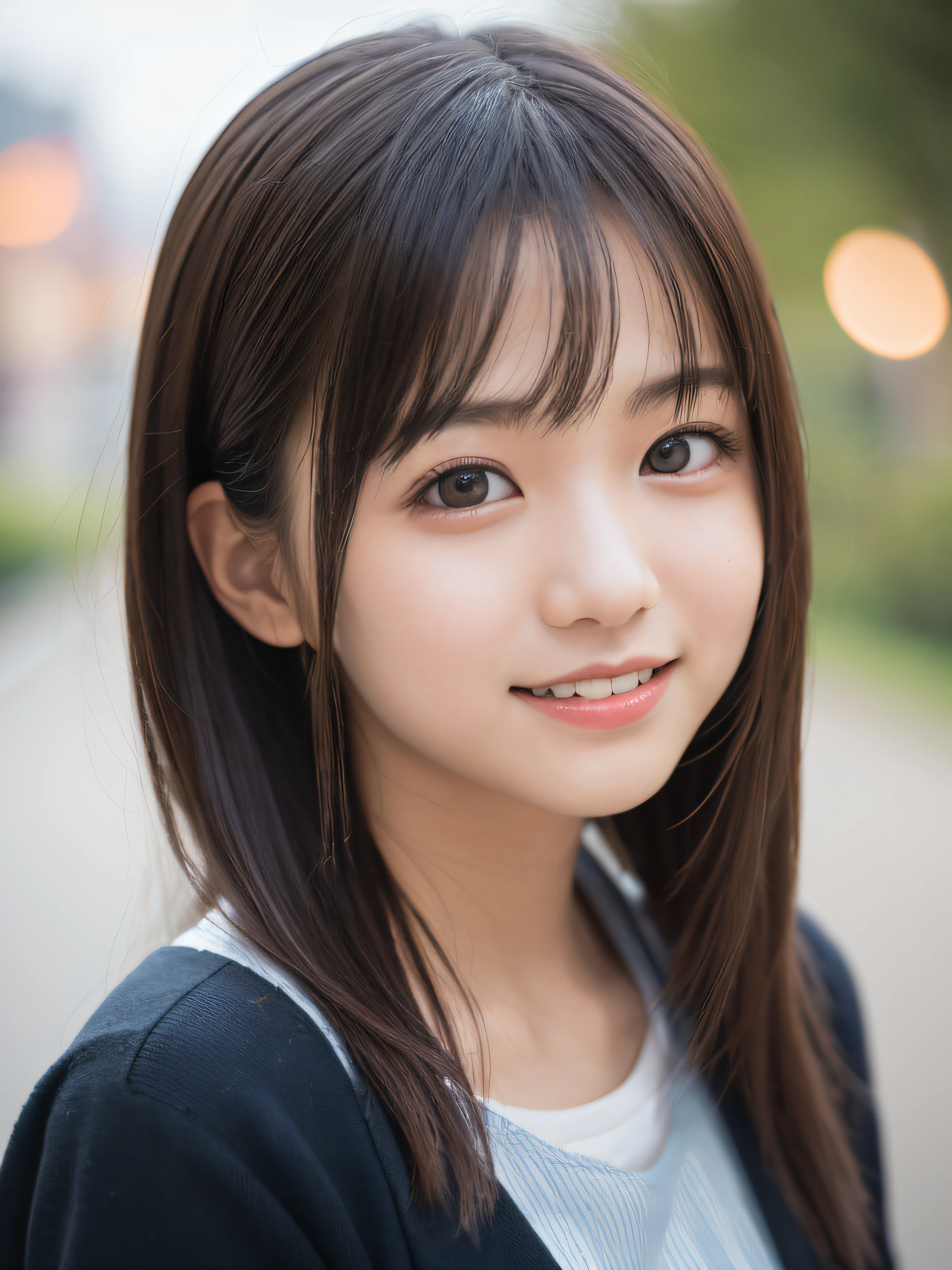 masutepiece, Best Quality, 8K, 15yo student, Teen, Raw photo, absurderes, award winning portrait, Solo, Night, neons, Idol face, violaceaess, gardeniass, Delicate girl, Upper body, Digital SLR, Looking at Viewer, Candid, Sophisticated, zora々Right, Smile, Thin arms, Professional Lighting, Film grain, chromatic abberation, (Eyes and faces with detailed:1.0), (Bokeh:1.1),