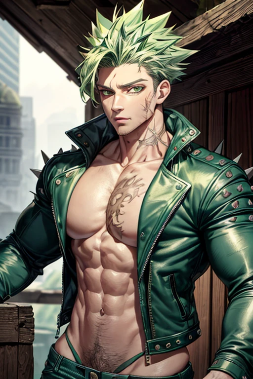 Highly detailed, (masterpiece), best quality, expressive eyes, perfect face, 1man, messy spiky wavy green raising hair, Green hair, green eyes, Bulky Body Builder Masculine body, Green leather Jacket & Jeans