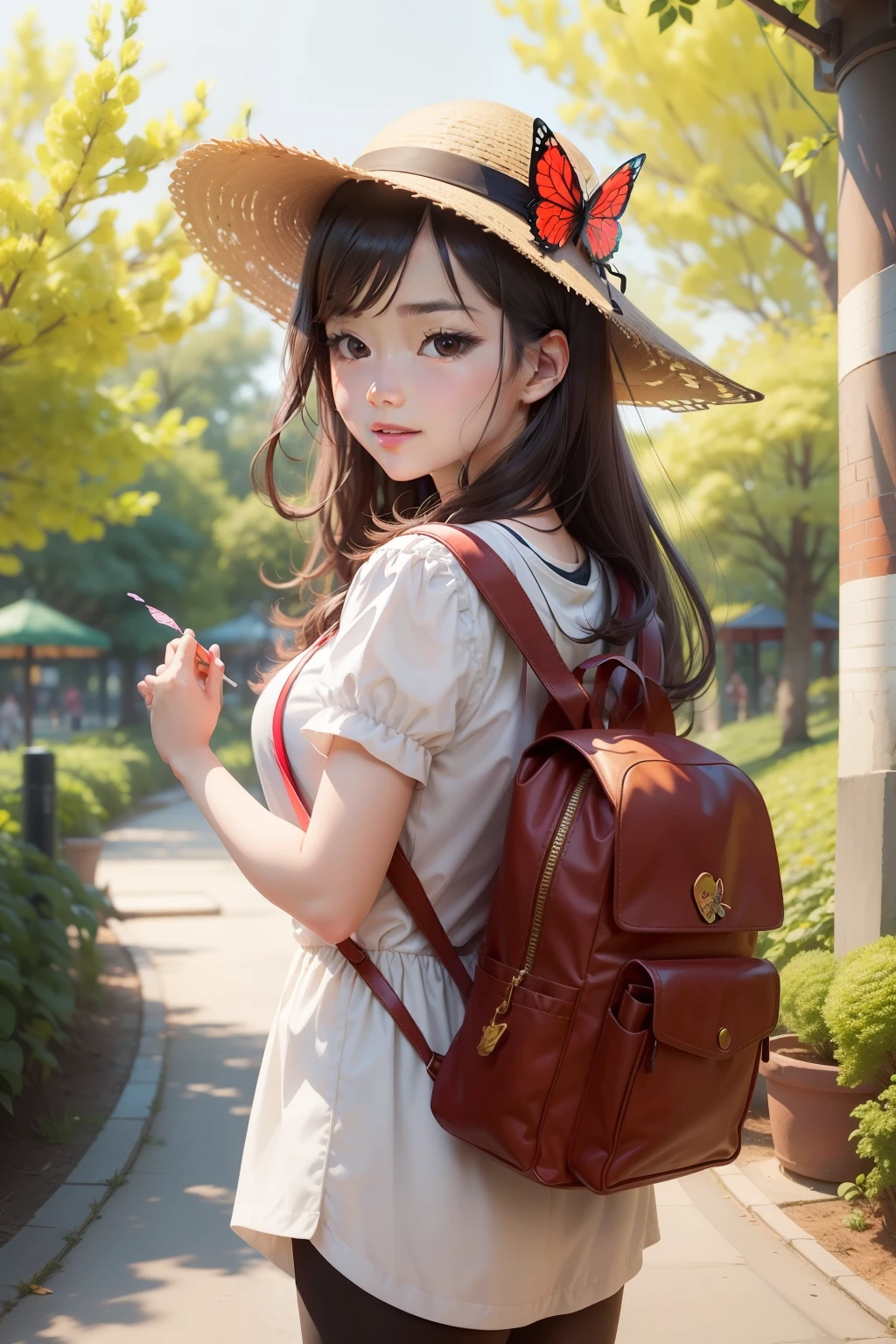 Attractive girl carrying a red backpack、wearing a yellow hat、An environment surrounded by beautiful greenery and nature、Enjoy spring outings with cute puppies. The illustration is a high-definition illustration in 4K resolution.、A slight smil、ultra-detailliert:1.0 (Illustration, step piece line drawing,Features highly detailed facial features and cartoon-like visual butterfly dancing。)