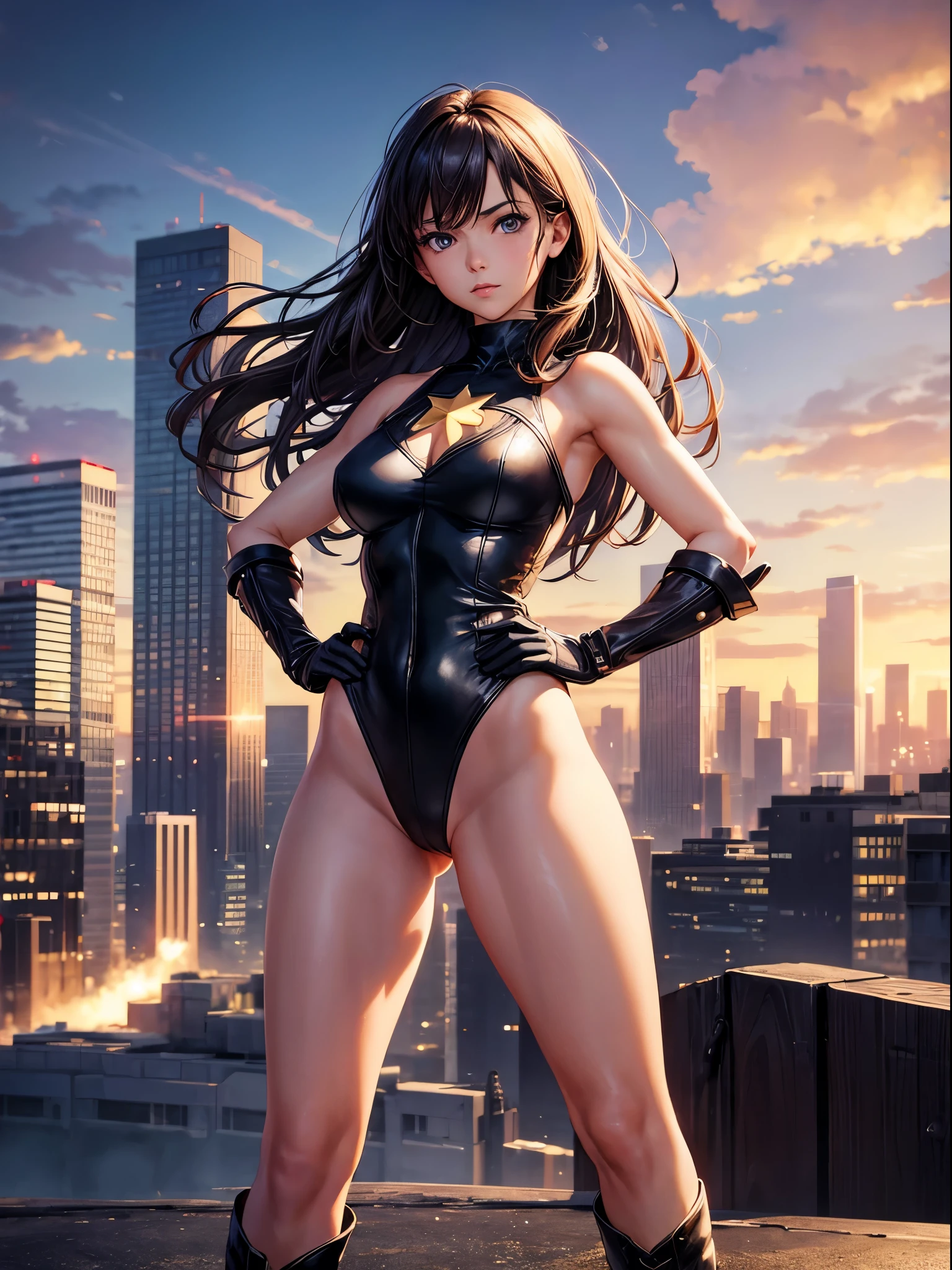 1girl, medium breasts, leotard, bare legs, tight belt, boots, gloves, city backdrop, solo, single, hands on hip, standing, full body shot, cowboy shot, superhero, beautiful detailed eyes, mature lady, star symbol on chest