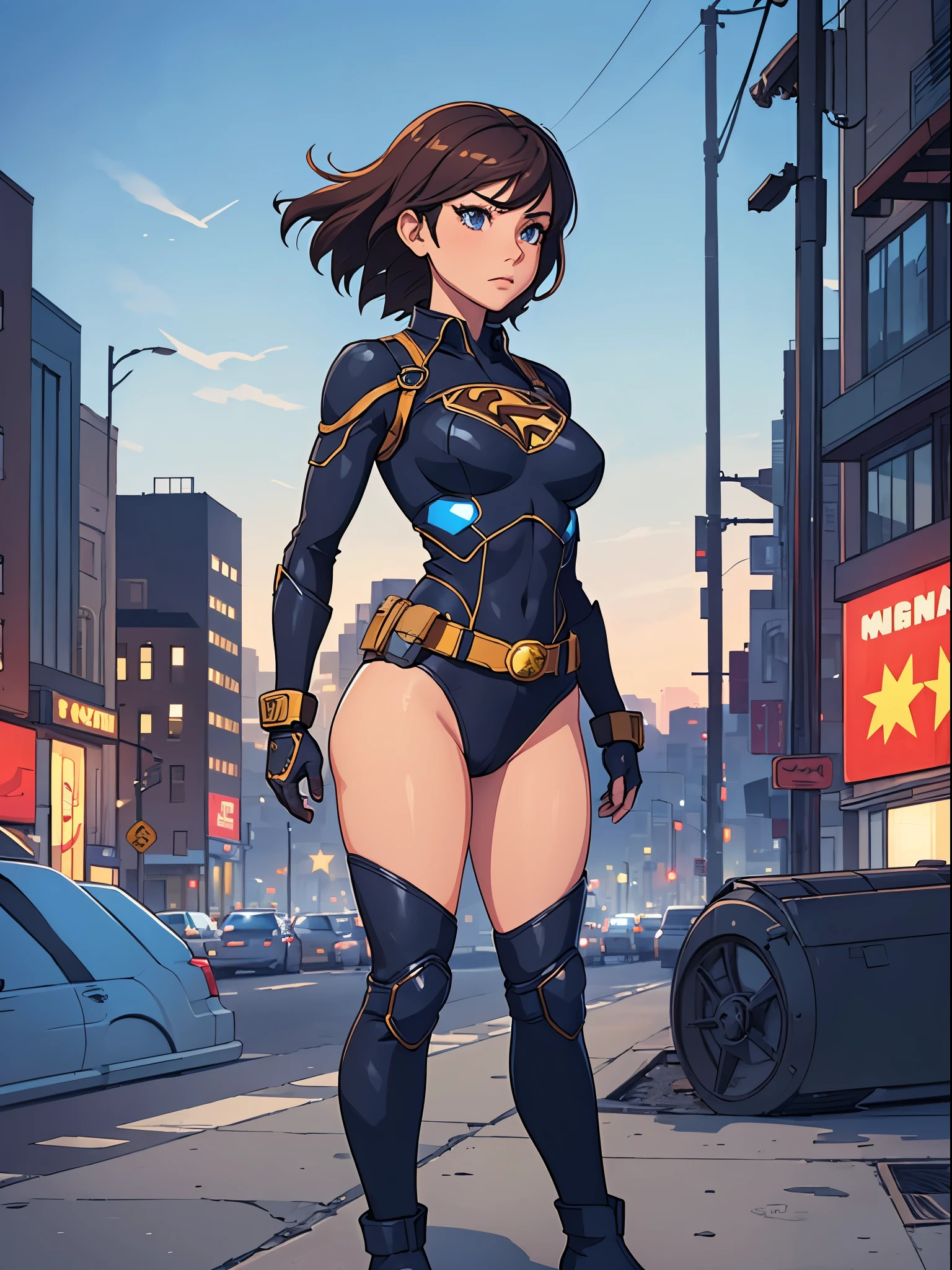 1girl, medium breasts, leotard, bare legs, tight belt, boots, matching boots, gloves, city backdrop, solo, single, hands on hip, standing, full body shot, cowboy shot, superhero, beautiful detailed eyes, mature lady, star symbol on chest, brown hair, bob hair, high leg leotard