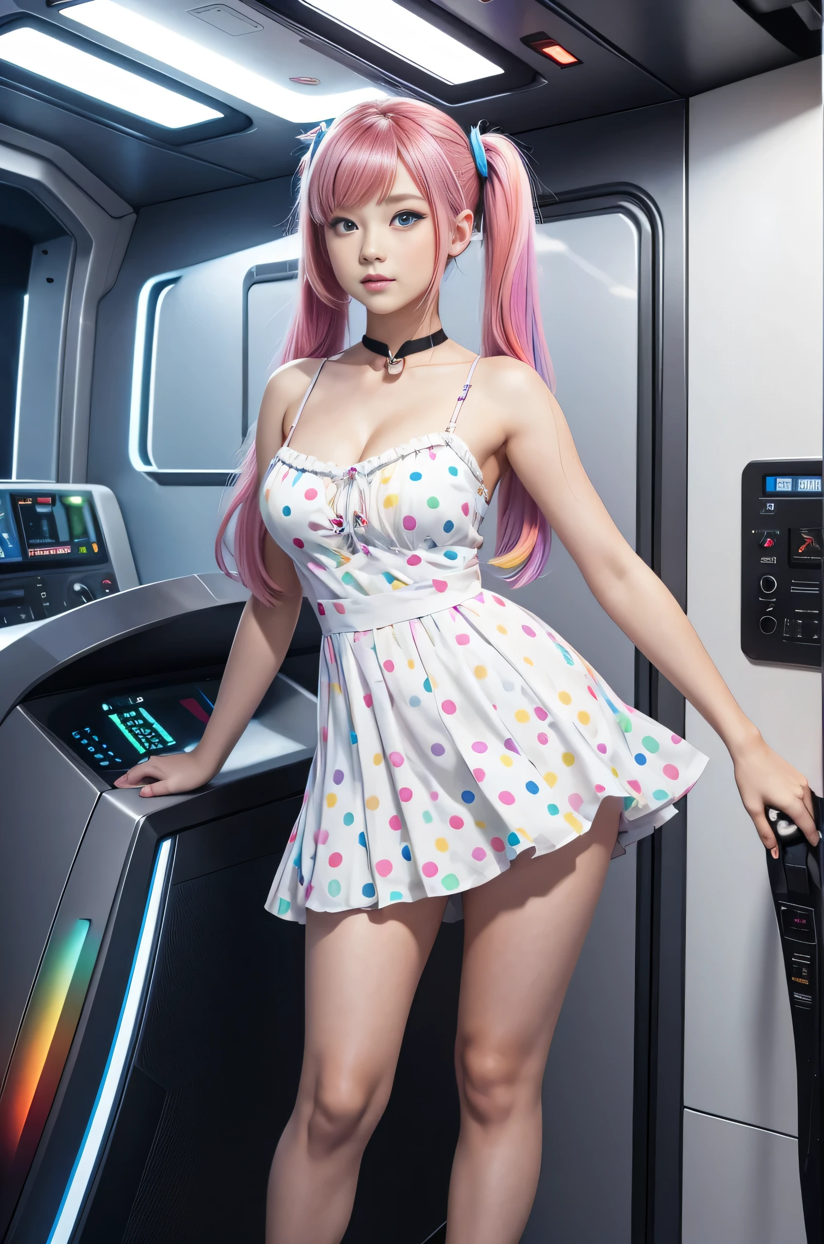 Cute redhead, gravure Idol, with rainbow colored hair tips, ribbons in her hair, 18-year-old woman, happy, in twin tails, perfect symmetrical eyes, clear sparkling blue eyes, pale skin, silky smooth skin, standing on a fancy luxurious space ship, large futuristic corridor, control panels, wood trim, decorative plants, warm lighting, wearing a futuristic party dress, pleated (chemise) mini dress (pastel rainbow colors, and polka dots), wearing full body pantyhose, cute short cut booties.
