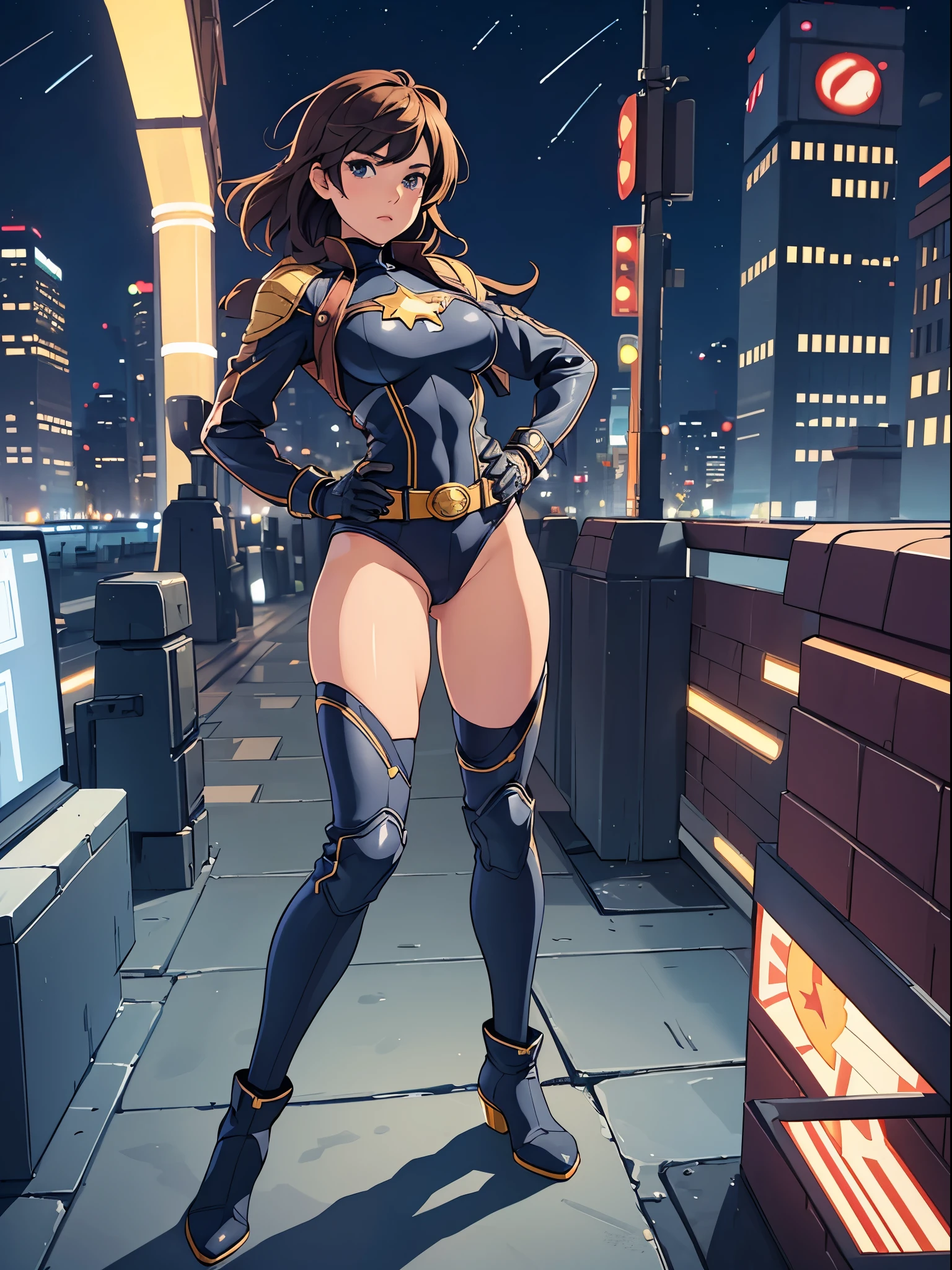 1girl, medium breasts, leotard, bare legs, tight belt, boots, gloves, city backdrop, solo, single, hands on hip, standing, full body shot, cowboy shot, superhero, beautiful detailed eyes, mature lady, star symbol on chest