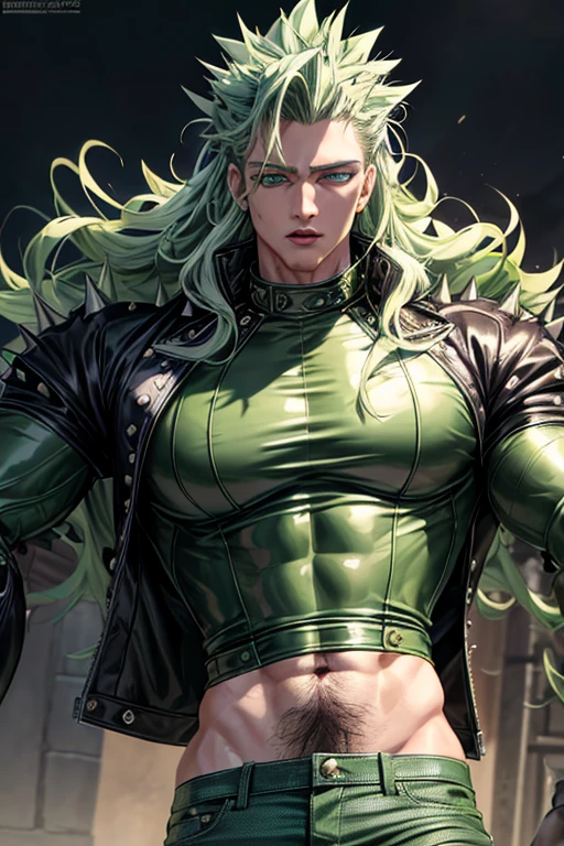 Highly detailed, (masterpiece), best quality, expressive eyes, perfect face, 1man, long spiky wavy green raising hair, Green hair, green eyes, Bulky Body Builder Masculine body, Green leather Jacket & Jeans