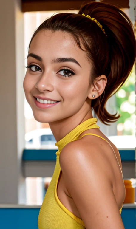 Photo of a -old amean girl, .RAW, beautiful teenage girl, (Long brown hair with ponytail), light brown hair ponytail hairstyle((retrato)), ((Cara detallada:1.2)), ((Detailed facial features)), (Piel finamente detallada) , (Masutepiece) (proporciones perfectaotos realistas)(La mejor calidad) (Detallado) fotografiado con una EOS R5 de Canon, Lente de 50 mm, f/2.8, NffSW, (8k) (papel tapiz) (cinematic lighting) (Dramatic lighting) (foco nítido) (Enrevesado) senos medianos , pechos medianos , muchas pecas en mejillas y nariz , pecas en pecho, cuerpo completo , hermoso cuerpo de adolesente, lindo maquillaje , gran sonrisa , chica delgada escultural , ojos azules , usa camisa blanca de manga corta , flor en el pecho , flada amarilla con patrones de cuadros , mocacines cafes , calcetas blancas