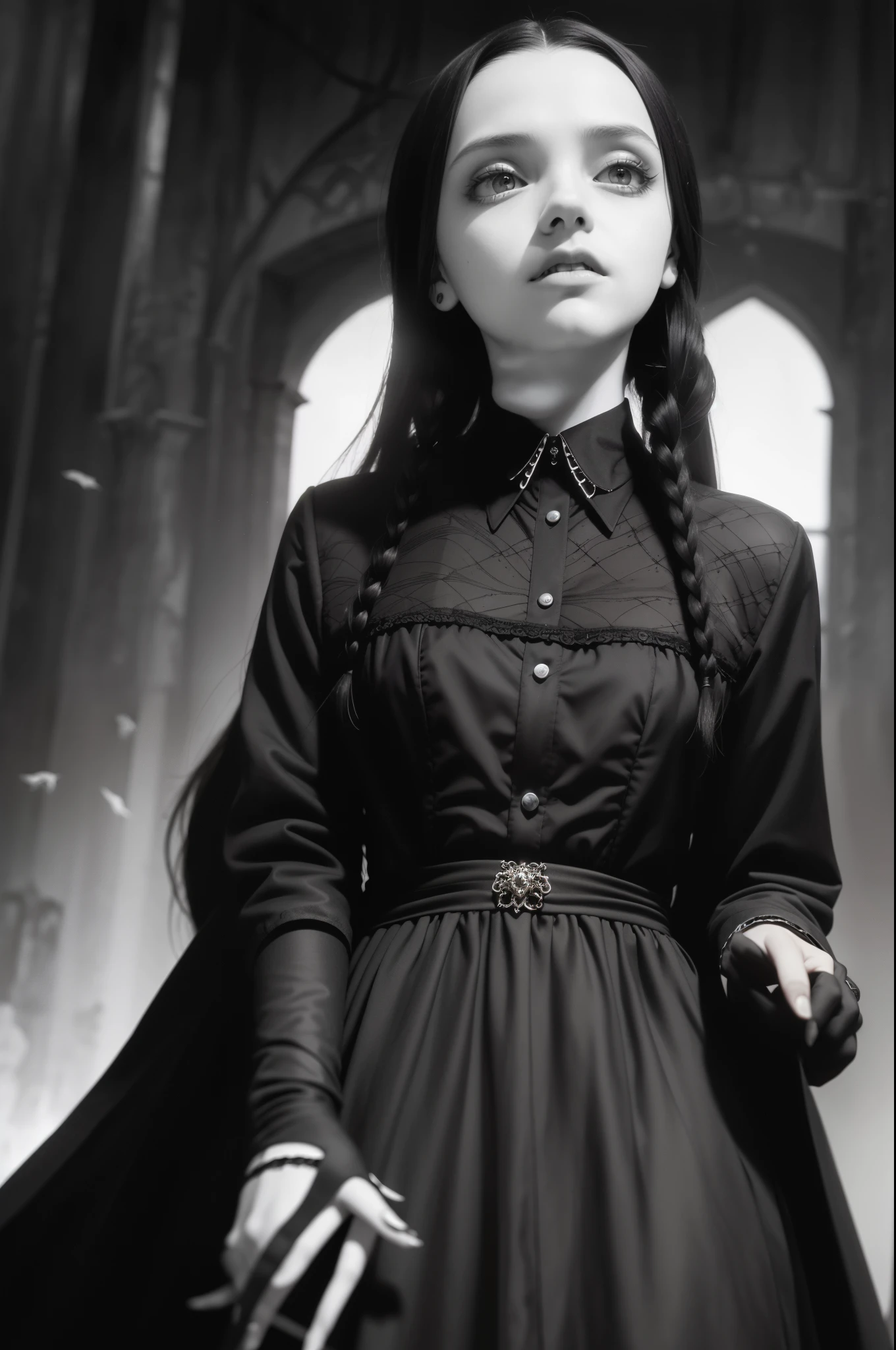 To portray a noble and elegant girl ,Wednesday Addams,who just woke up from a deep sleep, with a beautiful face and a beautiful face, the vampire should be portrayed as an elegant and powerful creature. They are very old, have two braids, and have sharp features. Their skin should be pale and flawless, with a hint of otherworldly subtlety. Vampires' eyes should be deep and seductive, with a predatory glint that hints at their insatiable thirst for blood, and they should be dressed in clothes that are both modern and timeless, so that when they awaken from their vampire selves, their Style should suggest the long history of human life. sleep. The vampire should appear calm and confident at this point, exuding an air of danger and intrigue. The background should be shrouded in shadow, with just a sliver of moonlight breaking through the darkness. The vampire should feel content and slightly uneasy with hunger, depending on their latest victimization. By. , as if they were aware of the danger they posed to those around them, gothic art style, surreal realism, psychedelic surreal art, surreal psychedelic design, dream art style, hallucinatory psychedelic art, quality Quantity, Skin Texture, Intricate Detail, (Film Lighting), RAW Photos, 8K,