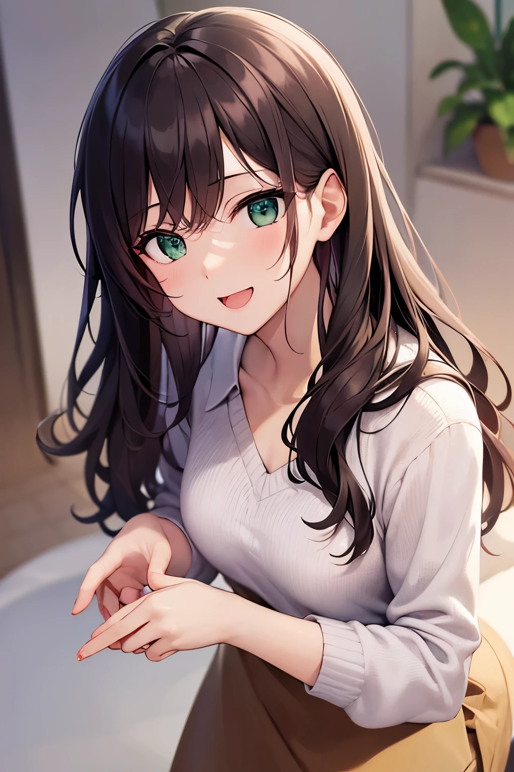 Placing hand on knee, High angle, (leaning forward:1.1), Staring、​masterpiece、top-quality、 A 40-year-old green-eyed woman with wavy lobed brown bangs.、Wearing a white blouse、wearing a beige skirt、smile, open mouth, The background is indoors、(is standing:1.3)、Bold composition、Alone、