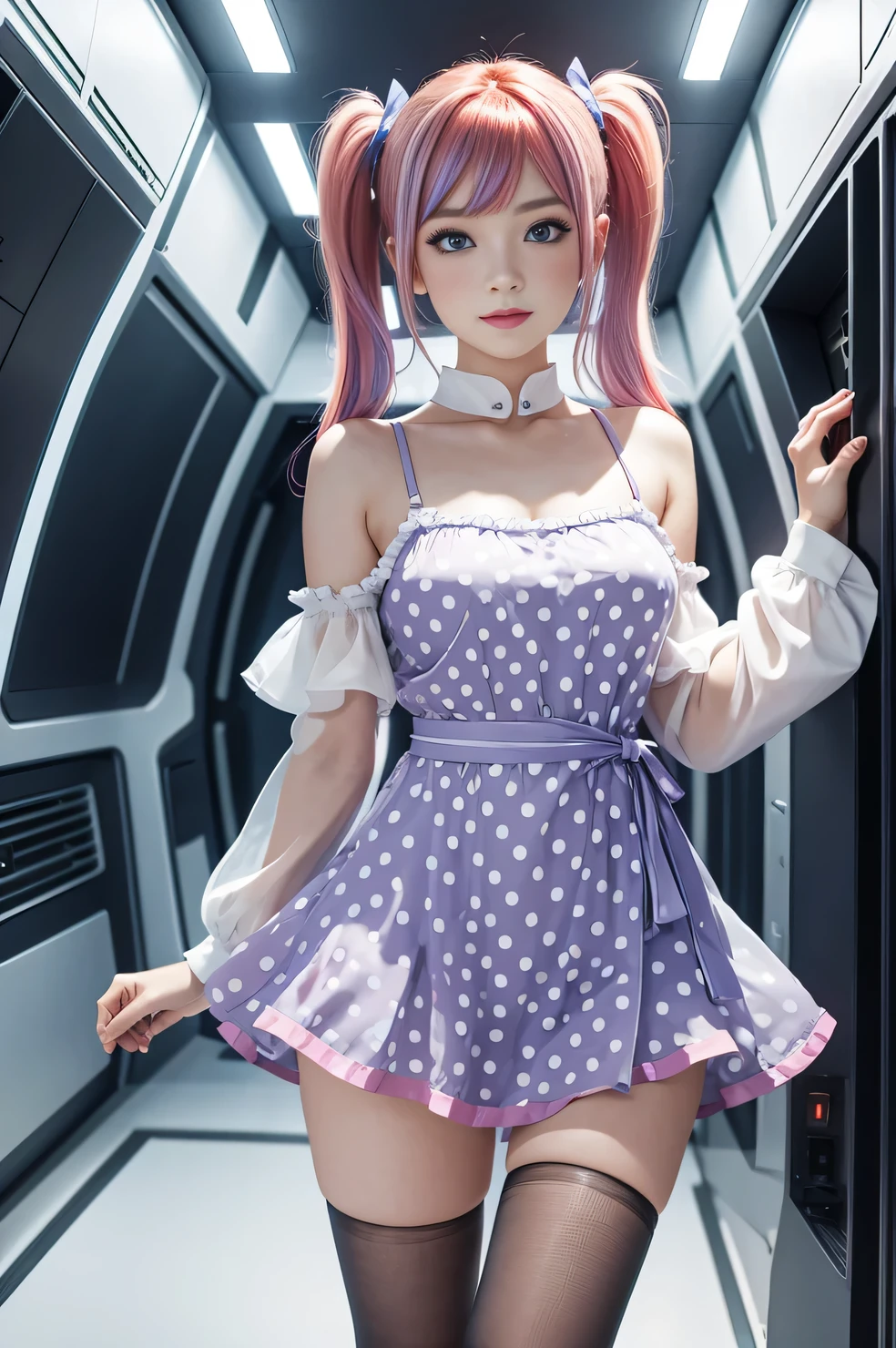 (overhead view) (NSFW) Cute redhead with rainbow colored hair tips, ribbons in her hair, 18-year-old woman, happy, smiling, in twin tails, perfect eyes, clear sparkling blue eyes, very pale skin, silky smooth white skin, flying a fancy metal luxurious space ship, futuristic cockpit, she's a pilot, outer space seen in windows, dark warm lighting, wearing ((no bra and panties:1.2)), ((see through nightgown: 1.6)), ((naked body: 1.6)), (pastel rainbow colors), (pantyhose, stockings: 1.2).