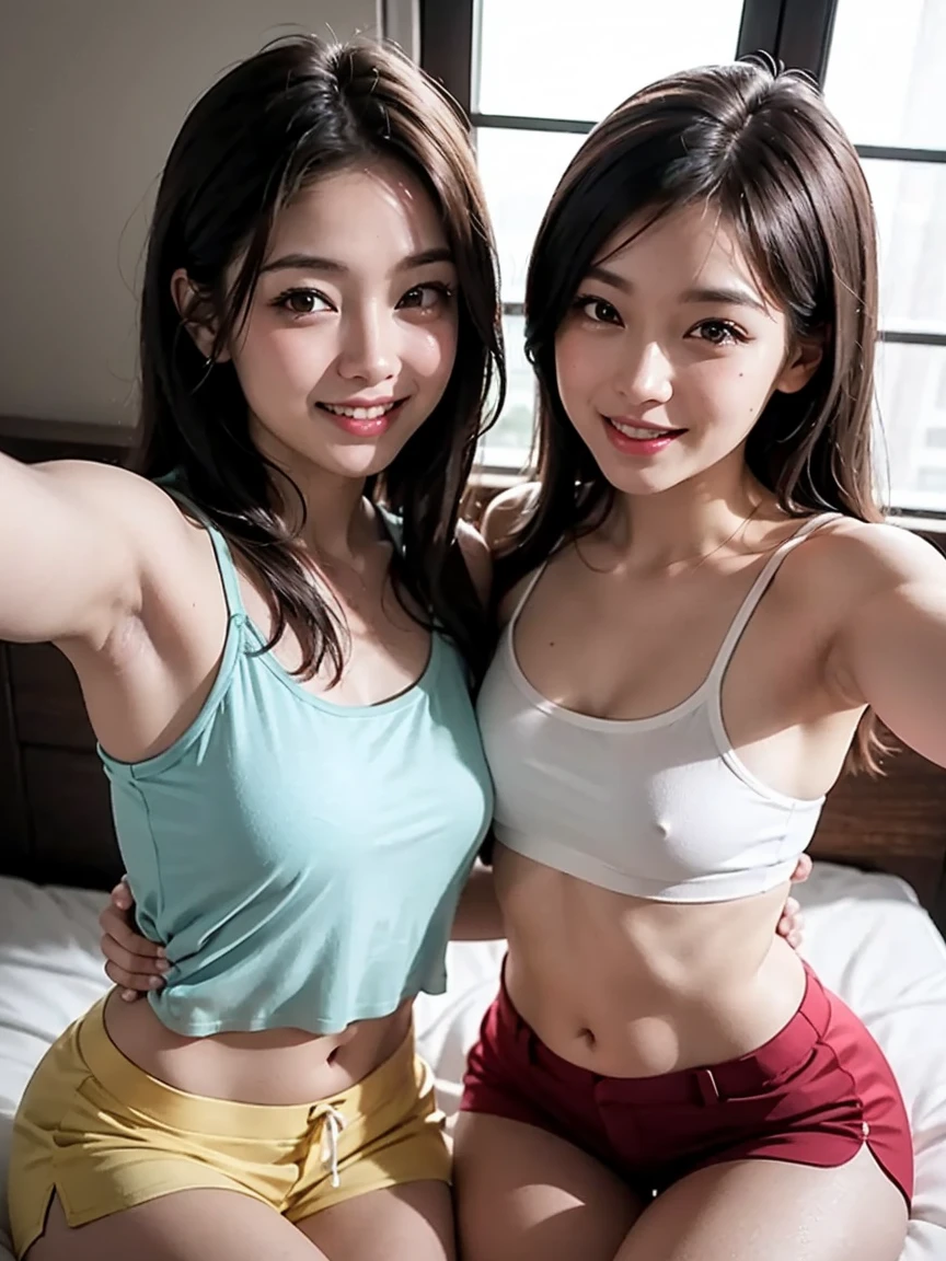 realistic, 2girls, ((selfie)), brown eyes, body close together, looking up, mouth wide open, smiling, face extra large zoom, sitting on bed, , ( shoulders), (covered ), (camisole), (dolphin shorts), (small )